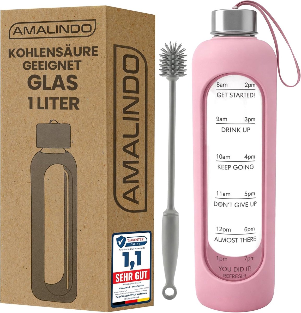 SnelShoppen - 1 Litra Carbonated Water Bottle - Robuuste Glazen Fles met Siliconen Hoes en Borstel - Ideaal voor Sprankelende Dranken - Roze - Perfect
