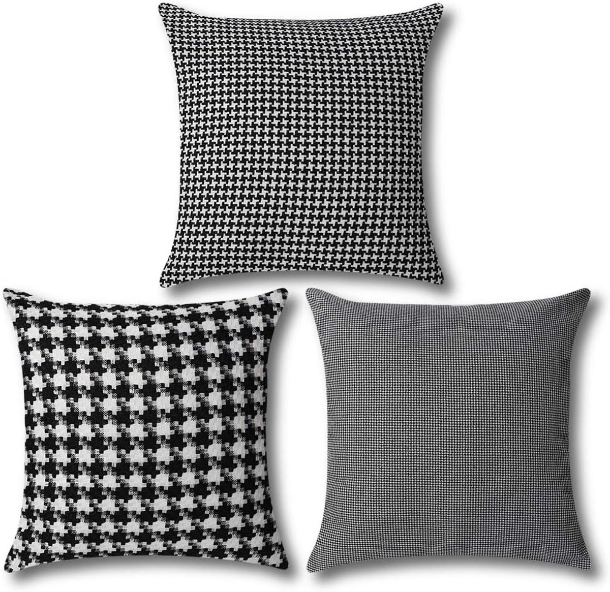 SnelShoppen - Set van 3 Vintage Kussenhoezen 45x45cm, Houndstooth Patroon, Zwart en Wit Retro Plaid, Zachte Kussens voor Sofa en Woondecoratie