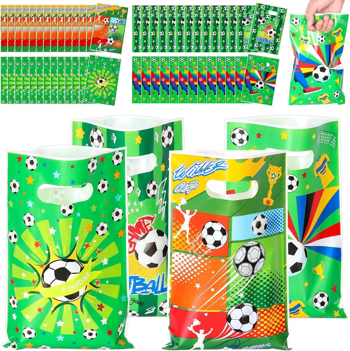 SnelShoppen - 52 Voetbal Goodie Bags met Handvatten - Plastic Kinderen Feestzakken voor Verjaardagsfeest, Themafeest, Cadeauverpakkingen (25 x 16.2 cm