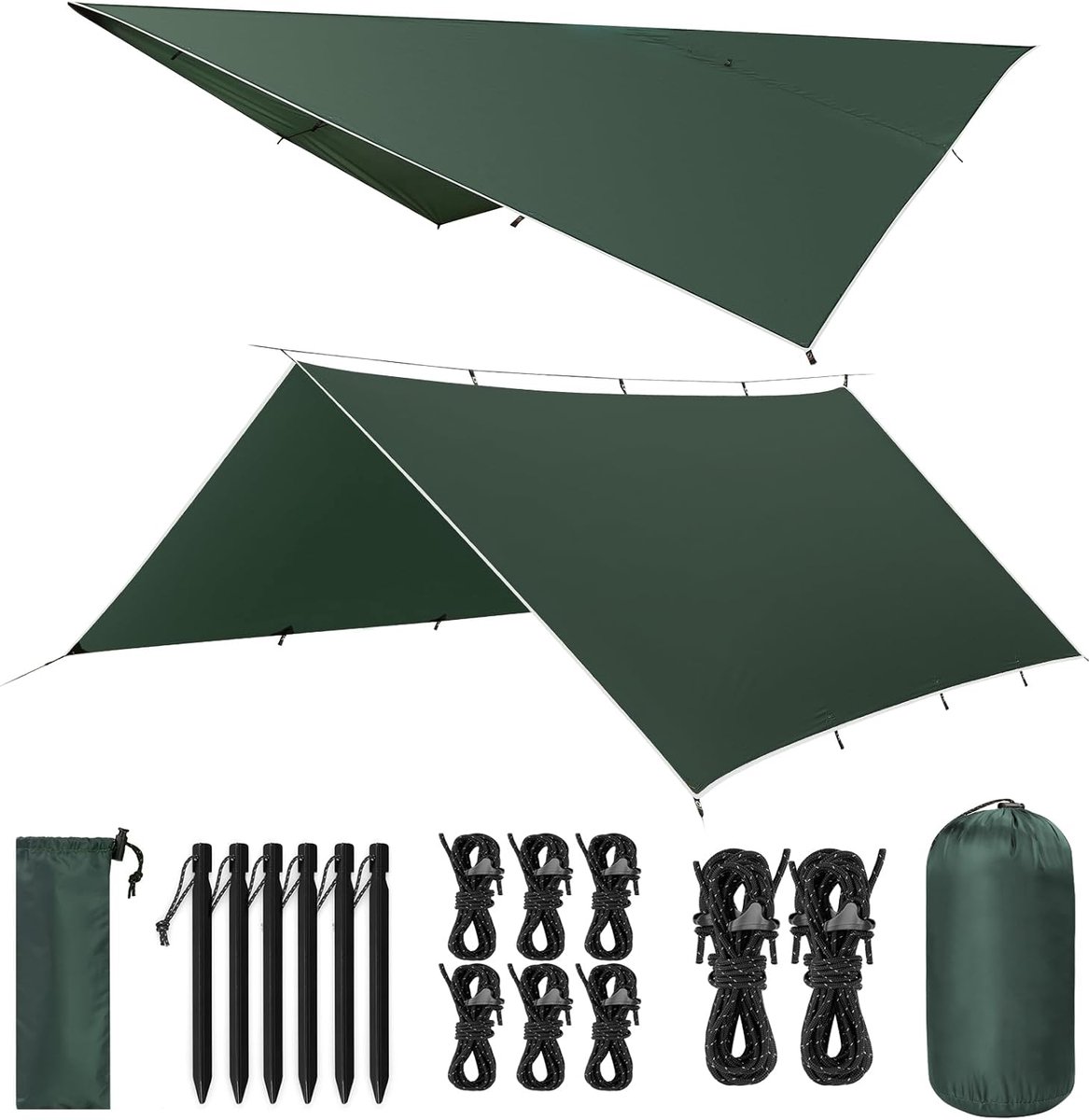 SnelShoppen - Tarp Camping 3 x 4 m Ultra Light Waterdicht UV Bescherming met 8 Wind Touwen en 6 Aluminium Haringen - Extreem Scheurvast voor Buitenact