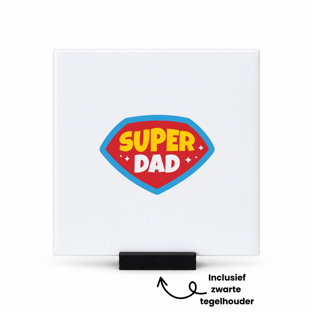 Hacebo Super dad in schild tegeltje met tegelhouder - Papa - Superdad - tegeltjes met tekst - Vaderdag cadeautje - Cadeau voor papa - Verjaardag - Geschenk - Cadeau - Gift - spreuktegels - 10.8x10.8 CM Wit
