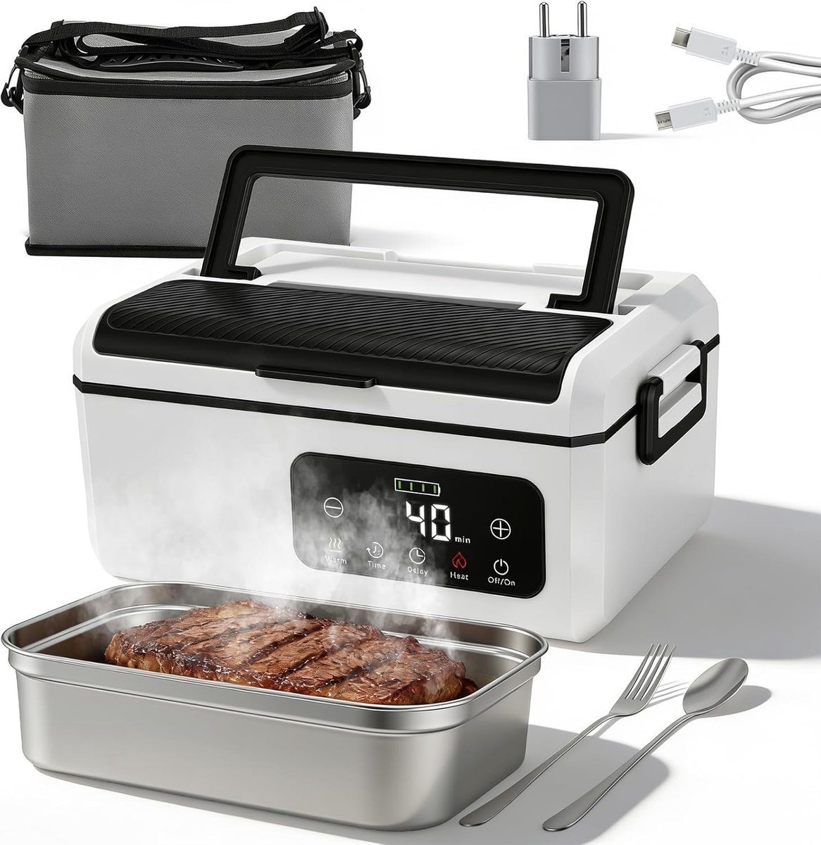 SnelShoppen - Elektrische Lunchbox 1,3L met 20.000 mAh Accu, 100W Automatische Opwarmfunctie, Draadloze Verwarmbare Lunchbox voor Volwassenen, Inclusi