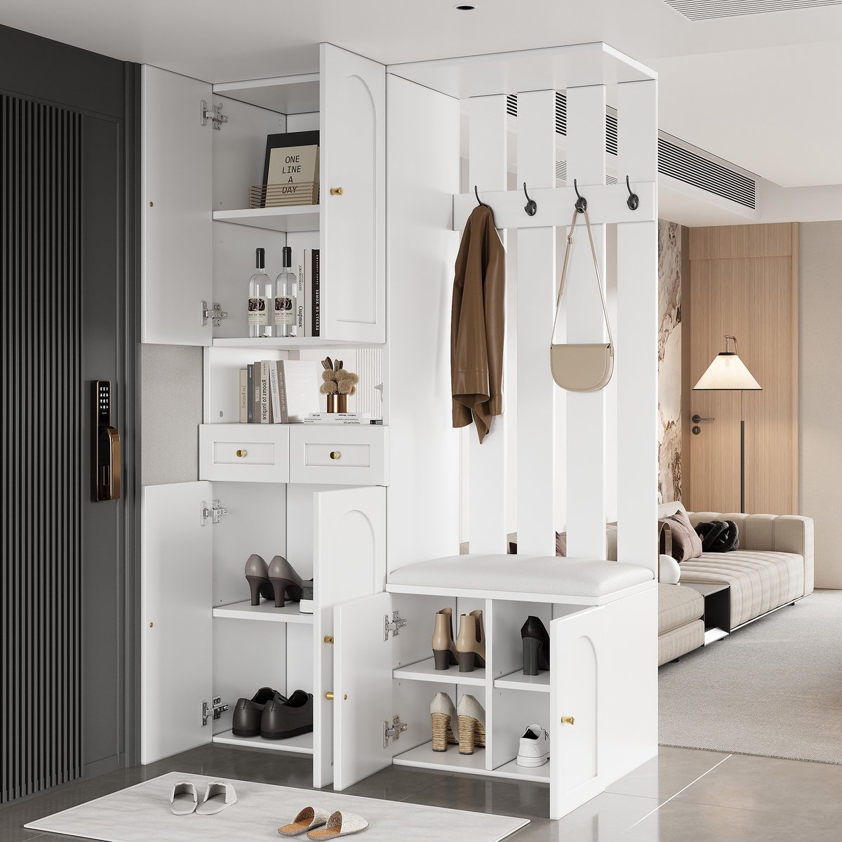 Wishdor - Halmeubel - Garderobeset met schoenenbank, 6 deuren en 2 lades - Scandinavische stijl - Voor hal en entree - Houtlook - Wit - 110 x 37 x 180 cm