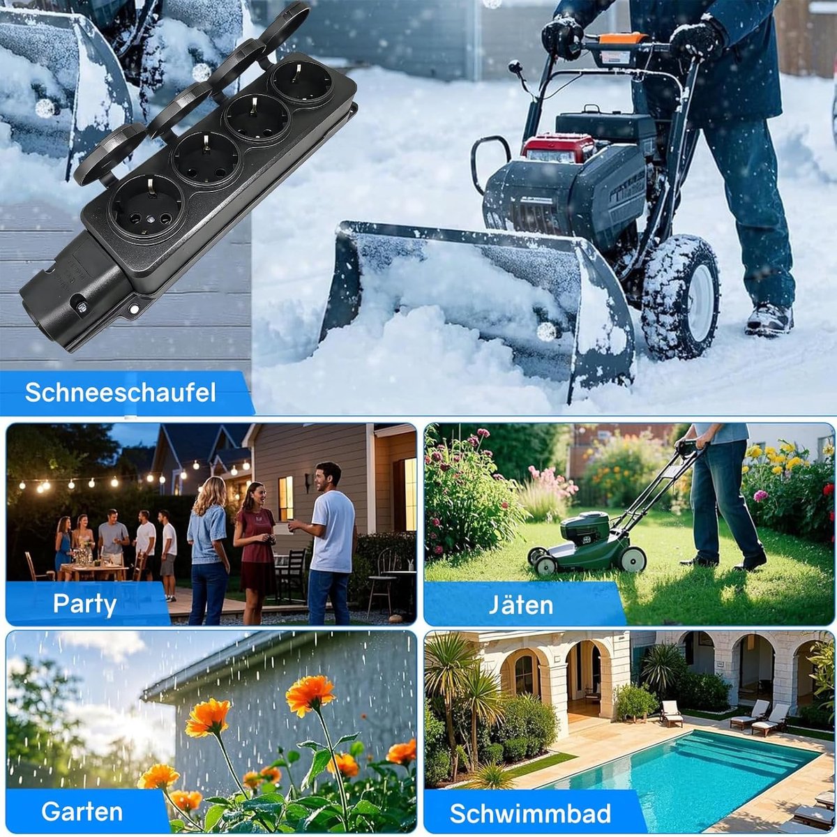 SnelShoppen - 4-Way Outdoor Plug Distributor met Flip Covers, Waterdichte 230V/16A Stekkerdoos, 3500W, Perfect voor Tuin, Garage en Vochtige Ruimtes