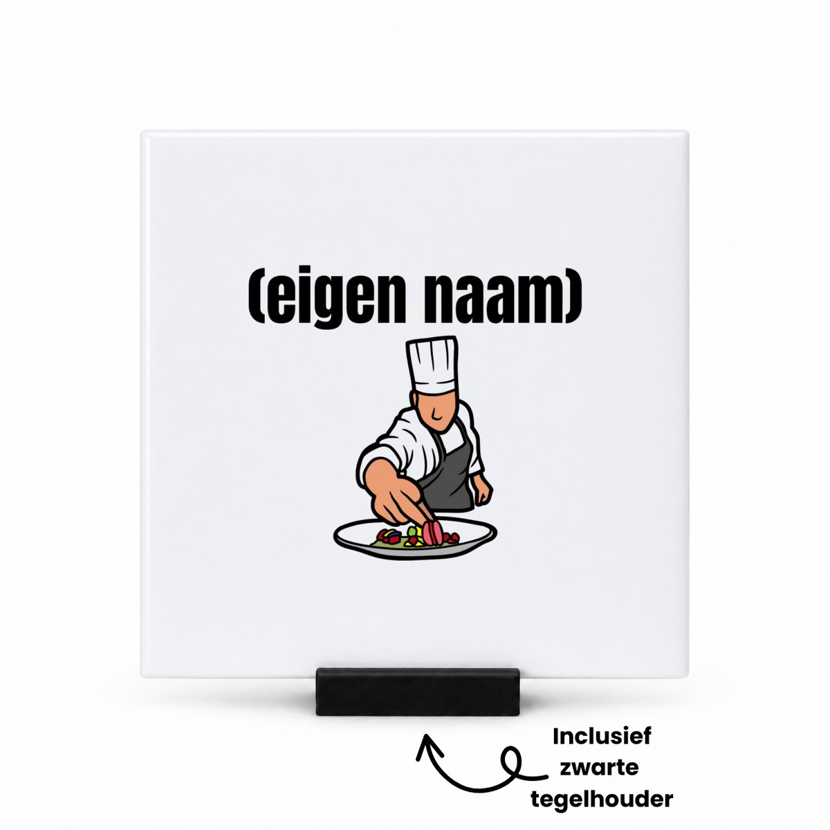 Hacebo chefkok tegeltje met tegelhouder - Kok - iemand die goed kan koken - tegeltjes met tekst - met eigen naam - leuk cadeau voor iemand die chefkok is - cadeau - kado - spreuktegels - 10.8x10.8 CM Wit