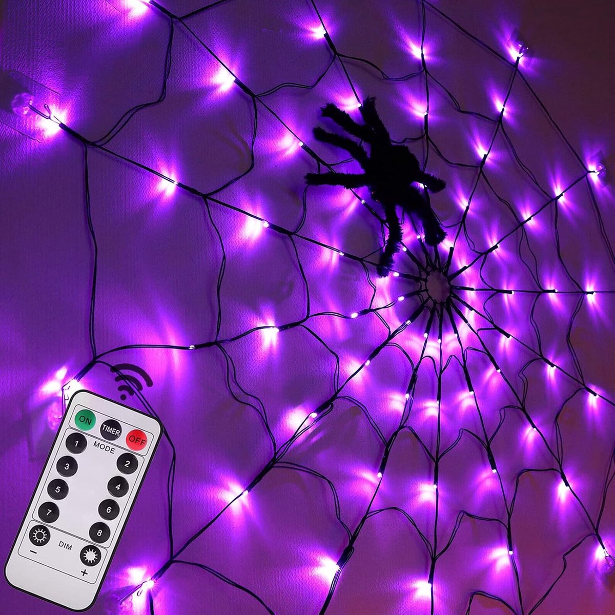 Lzwintrading - Halloween Decoratief Licht - 70 LED Spinnenweb Licht met 8 Modi - Spin en Afstandsbediening Led-Lichtnet voor Feest Tuin Bar Spookhuis