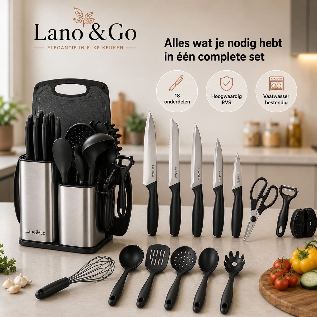 Lano&Go 18-delig keukengerei set met messenblok – 5 roestvrijstalen messen, 7 siliconen spatels, nylon keukengerei en opbergvak, zwart