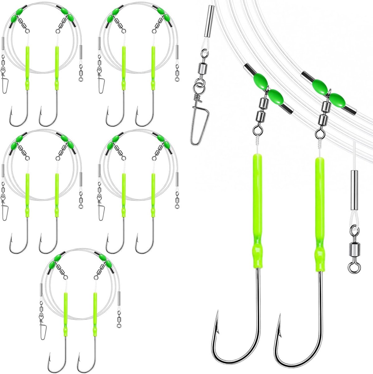 SnelShoppen - 5 Stuks Flapper Rig Zeevis Leiders, 120 cm Vooraf Gemonteerde Dubbele Haak Set met Swivel en Snelle Veranderhaak voor Strand- en Kustvis