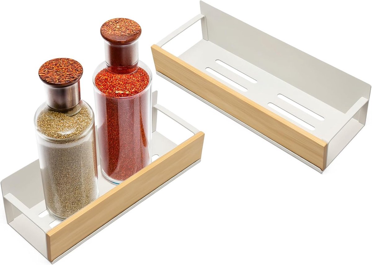 SnelShoppen - Magnetisch Kruidrek Set van 2 - Carbon Staal - Wit Hout - Magnetische Planken voor Keuken en Badkamer - Sterke Magnetische Adsorptie