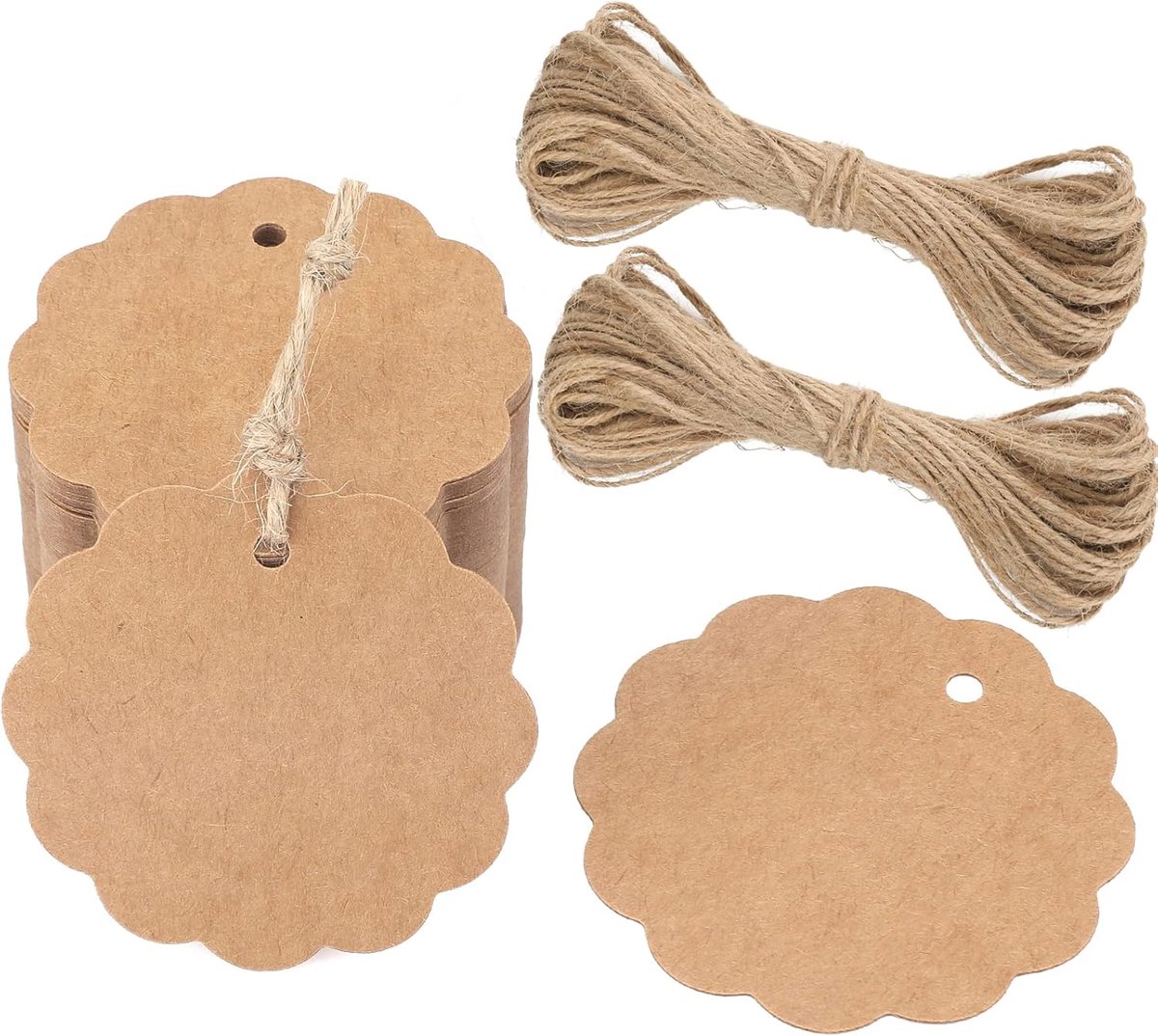 SnelShoppen - 100 Stuks 6 cm Kraftpapier Ronde Labels met Touw - Sterke Cadeaupendants voor Verpakking, Knutselen, Feest en Decoratie - Bruin