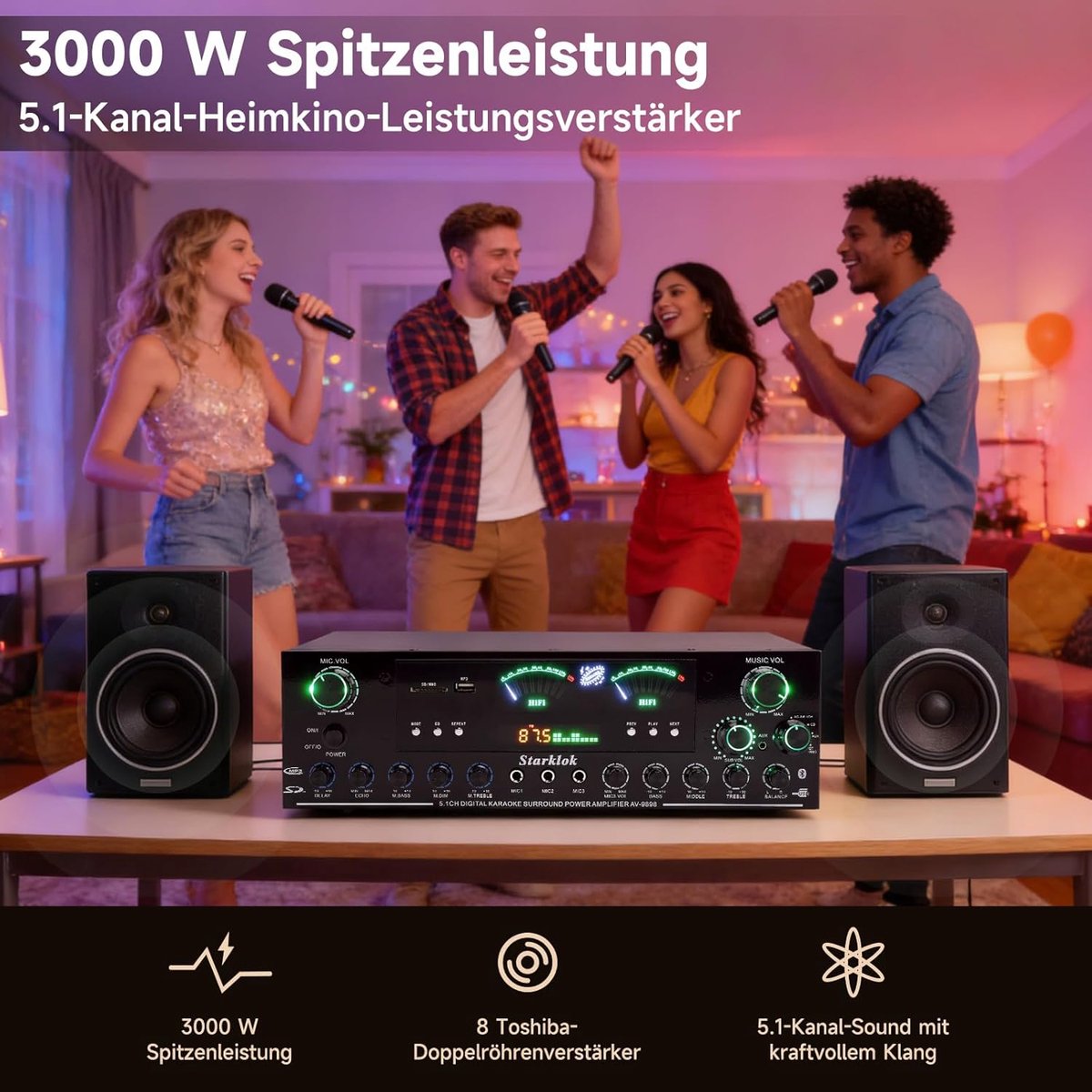 SnelShoppen - 3000W Peak Power 5.1 Kanaals HiFi Stereo Versterker met Bluetooth 5.0, USB/SD Display, Drie Microfoon Ingangen voor Thuisbioscoop, Muzie thumbnail 4
