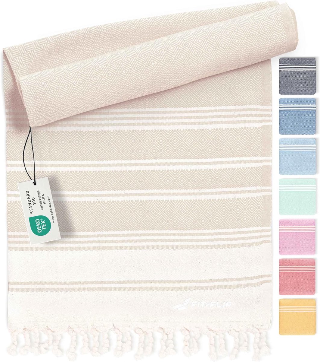 SnelShoppen - Fit-Flip Hammam Towel XXL 100x200 cm - Sneldrogende Fouta van 100% Katoen - Ideaal voor Strand, Sauna, Reizen, Sandkleur