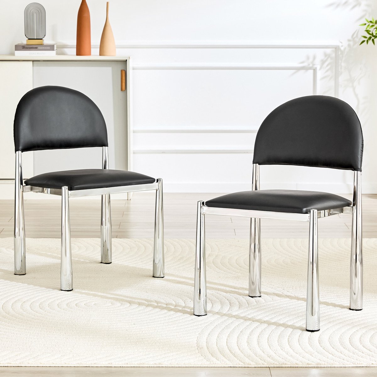 MEUNIQ set van 2 moderne eetkamerstoelen met halfronde rugleuning, kunstleren zitting en metalen poten, 80 cm hoog, zwart, voor eetkamer en keuken