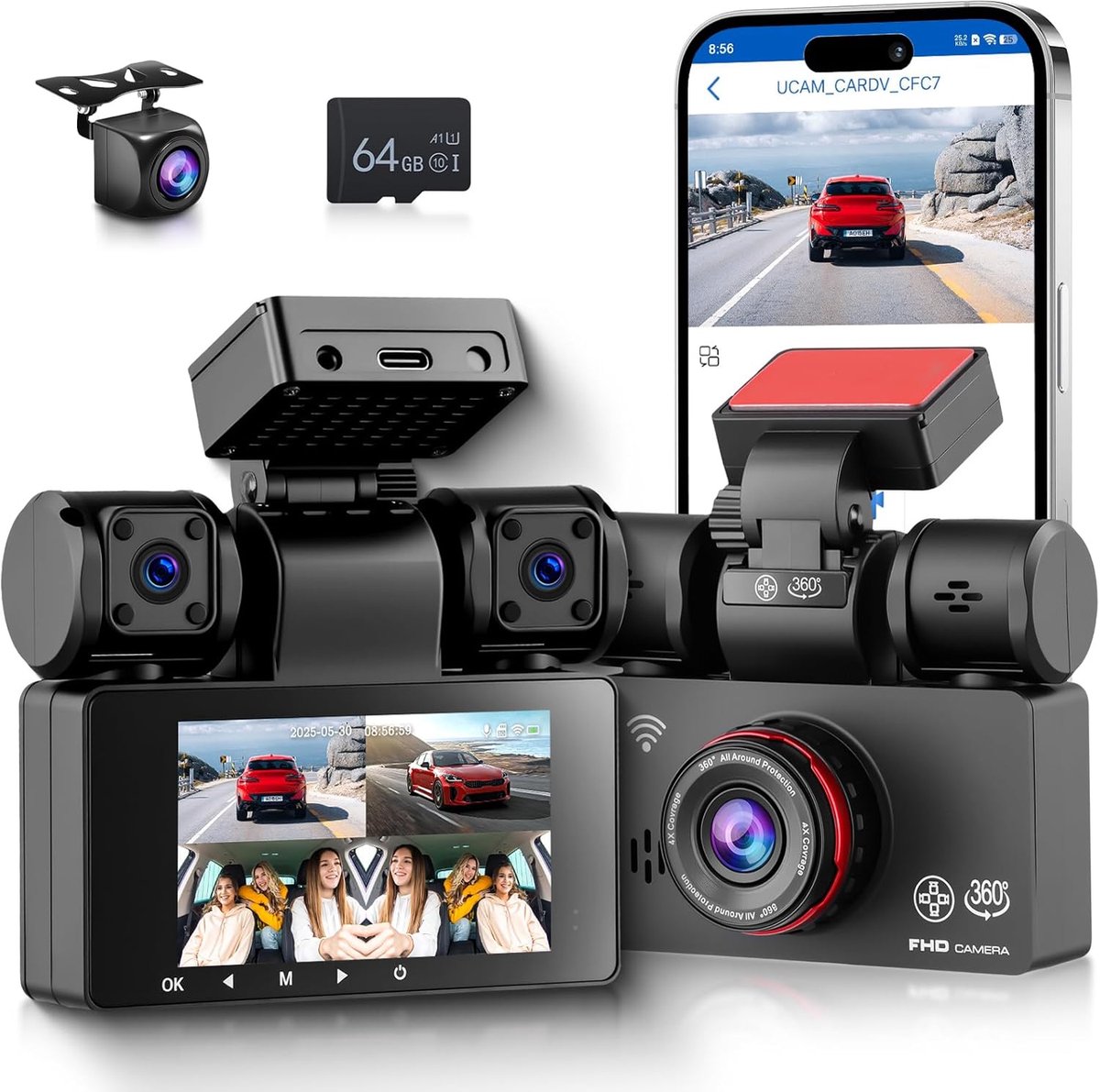 SnelShoppen - 4-kanaals auto dashcam 360° 2K + 1080p voor en achter, WiFi, app, 3-inch scherm, loopopname, nachtzicht, G-sensor, parkeermodus, inclusi