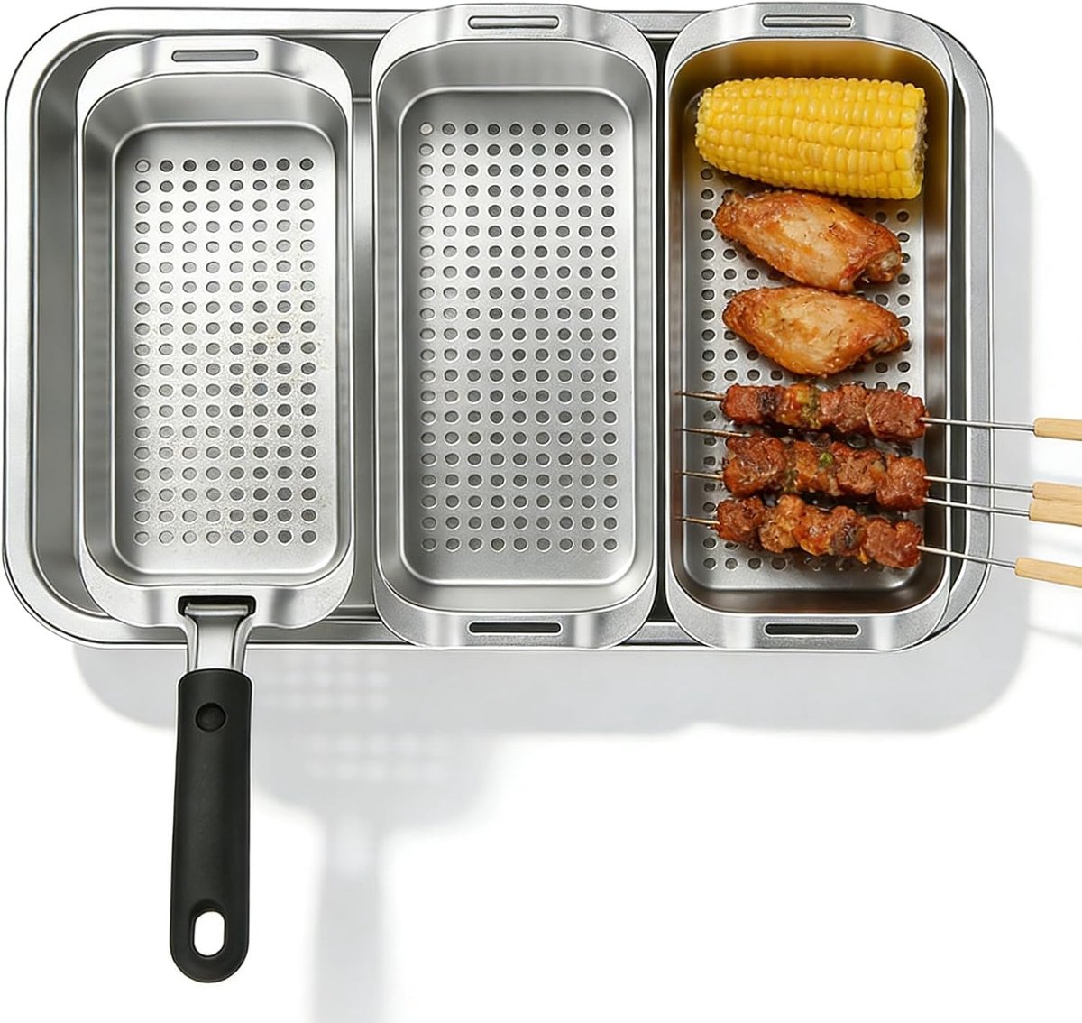 SnelShoppen - Grill Basket Set 3-Piece RVS BBQ Grill Pannen met Gaten - Groenten, Vis en Vlees Bakset - Inclusief Tray en Universele Heftool