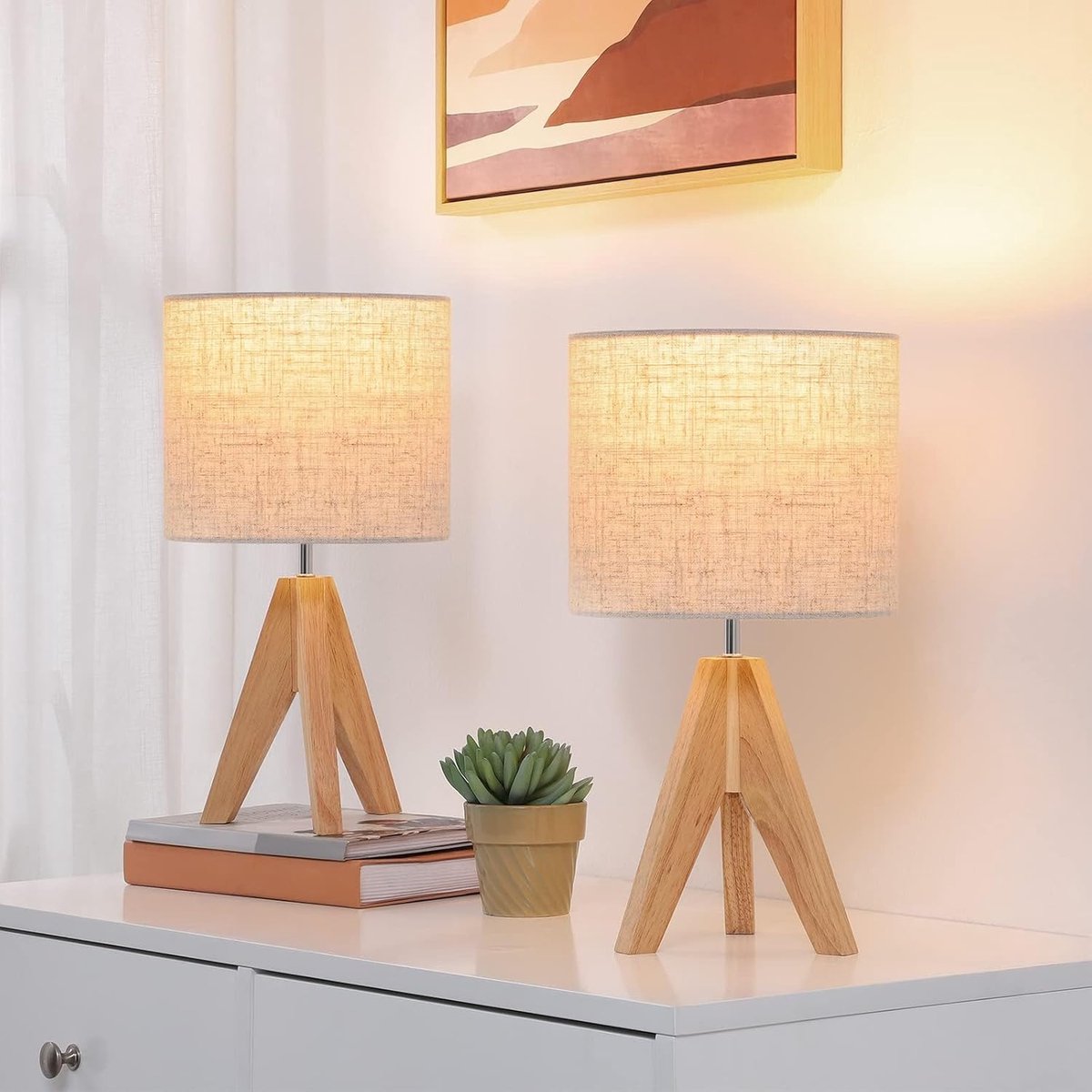 SnelShoppen - Vintage Tripod Nachtlamp Set van 2, E27 Fitting, Beige Linnen Lampshade, Hout, 36x20x20 cm, Ideaal voor Slaapkamer, Woonkamer, Hotel
