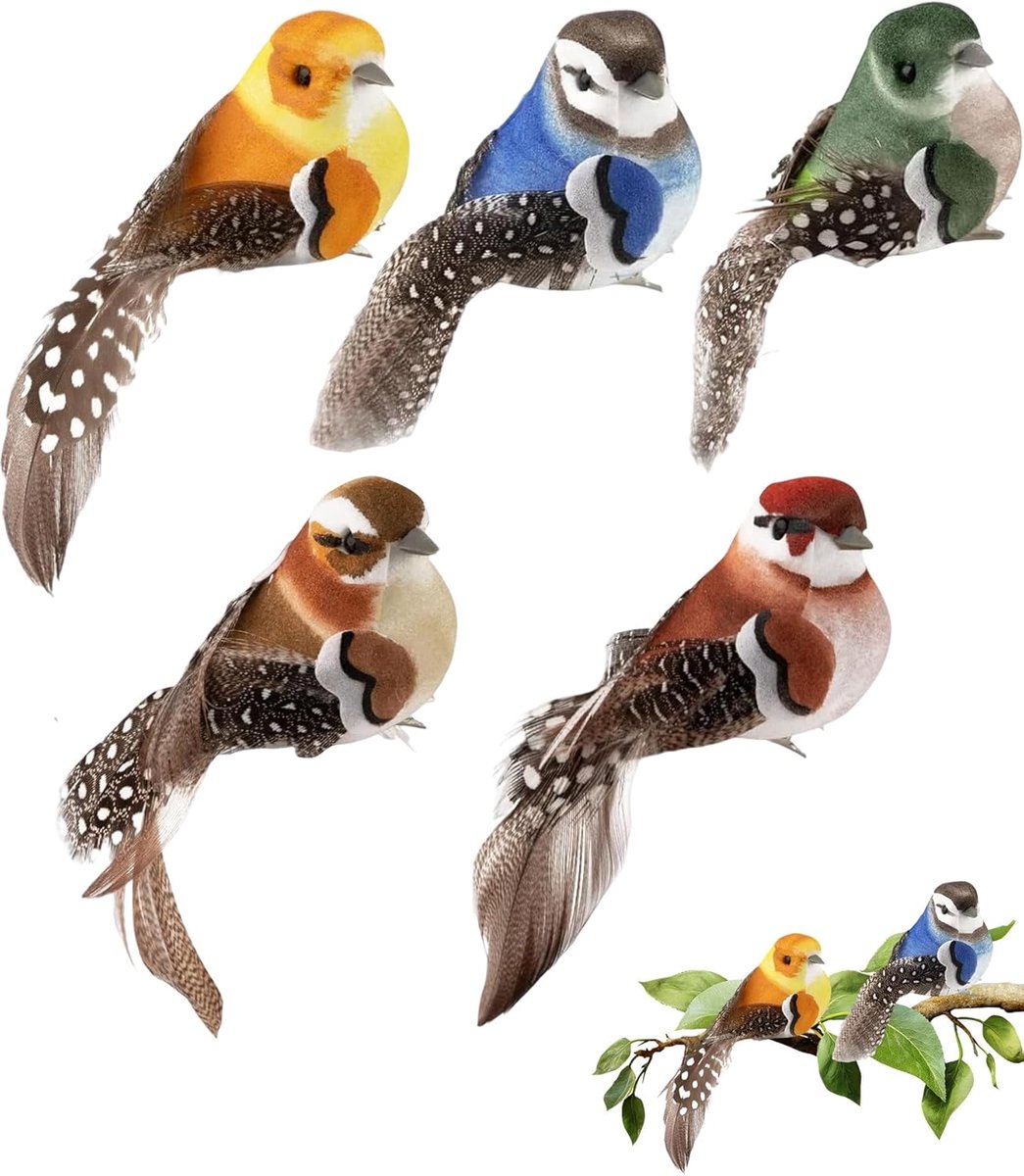 Thijox - 5 x Vogeldecoratie Kunstvogels met Clip, Ornamenten met Veren voor Kerstversiering, Tuin, Huis, Feest, Bruiloft, Doe-Het-Zelf Decoratie