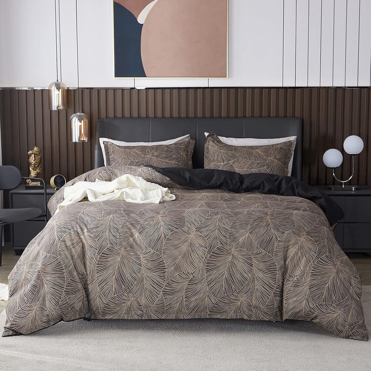 SnelShoppen - Tropisch Palmblad Bedlinnen Set, Dekbedovertrek 200x200 cm met 2 Kussenslopen 80x80 cm, Zachte 100% Microvezel, Modern Donkerbruin, Voor