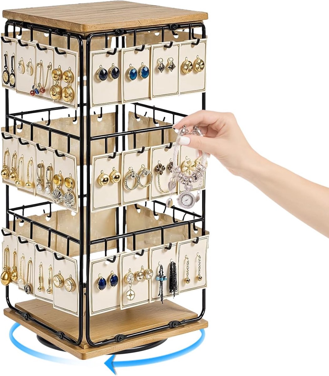 SnelShoppen - 3 Tier Sieradenstandaard met 48 Haakjes, Rotatable, Houten en Metaal, Toren Vorm Design voor Oorbellen, Armbanden, Kettingen, Organiser