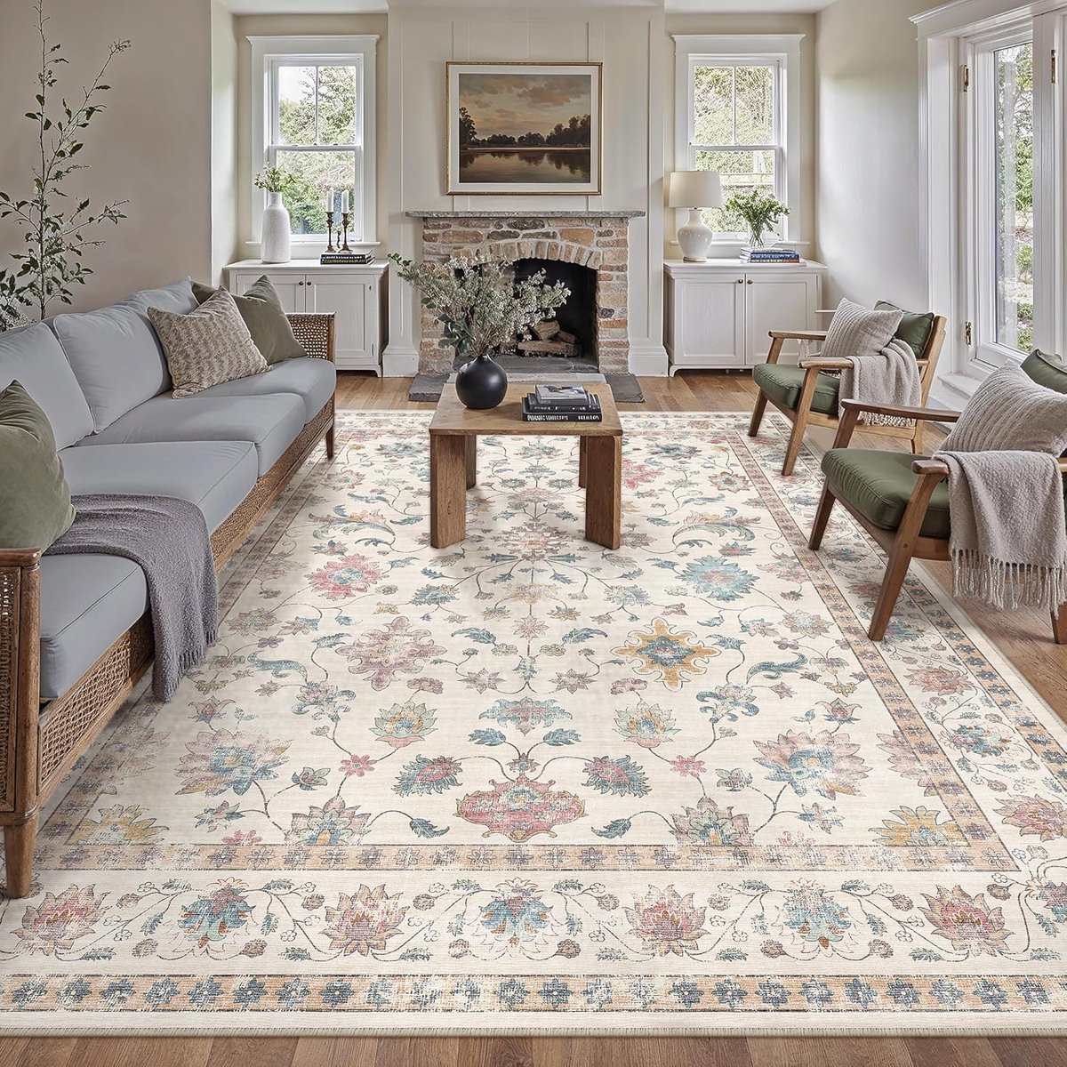 SnelShoppen - Wasbare Vintage Floral Vloerkleed 300 x 400 cm, Zacht en Antislip, Korte Pool, Boho Stijl, XXL Tapijt voor Woonkamer, Slaapkamer, Keuken