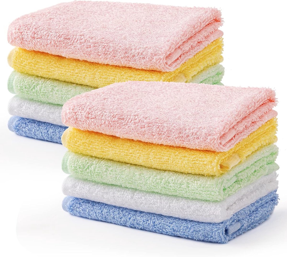 SnelShoppen - 10-delige babywashandjes set, zachte handdoeken voor gevoelige huid, 5 kleuren (elk 2 stuks), hoogwaardige bamboevezels met ophangtouw,