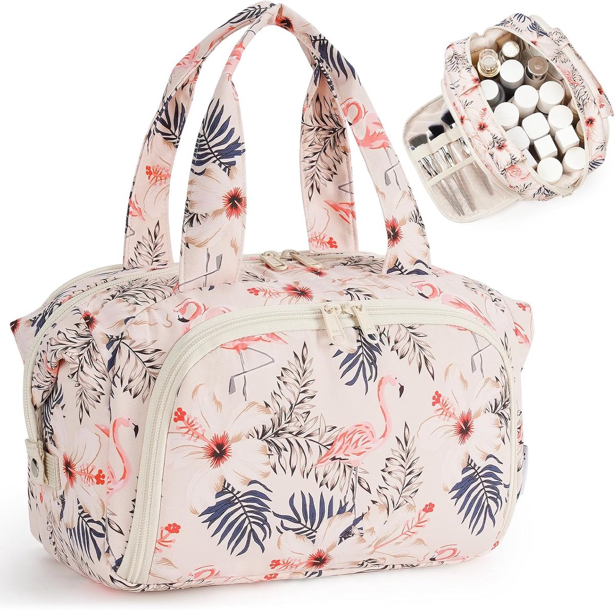 SnelShoppen - Grote Opvouwbare Toilettas - Waszak - Make-up Tas - Reisorganizer - Cosmetische Tas voor Vrouwen - 30x12x20 cm - Trendy Z-beige Flamingo