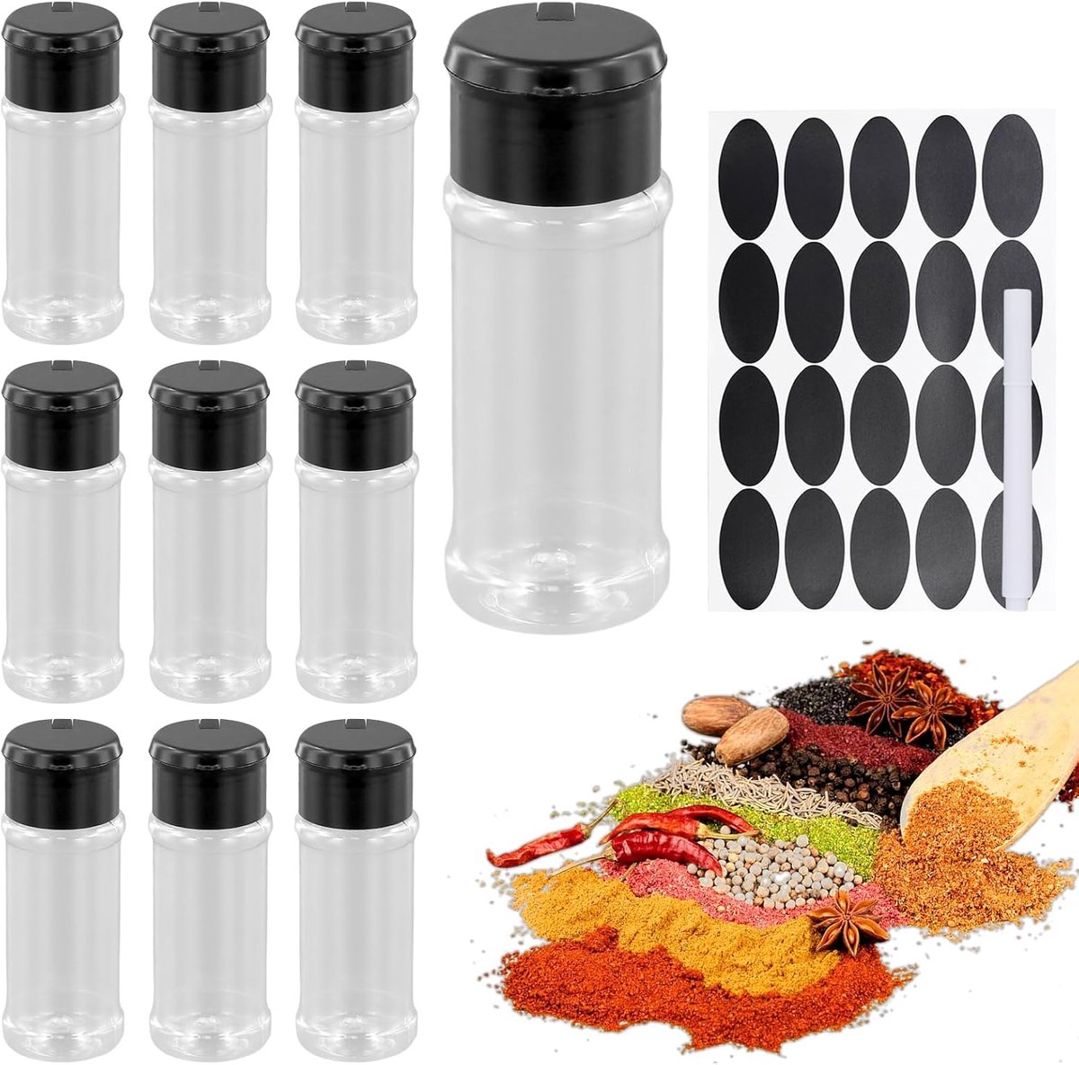 SnelShoppen - 10 Stuks Lege Plastic Kruidenpotjes 100 ml met 20 Etiketten en Potlood - Transparant en Zwart - Ideaal voor Keuken, Kruidenset, Organisa
