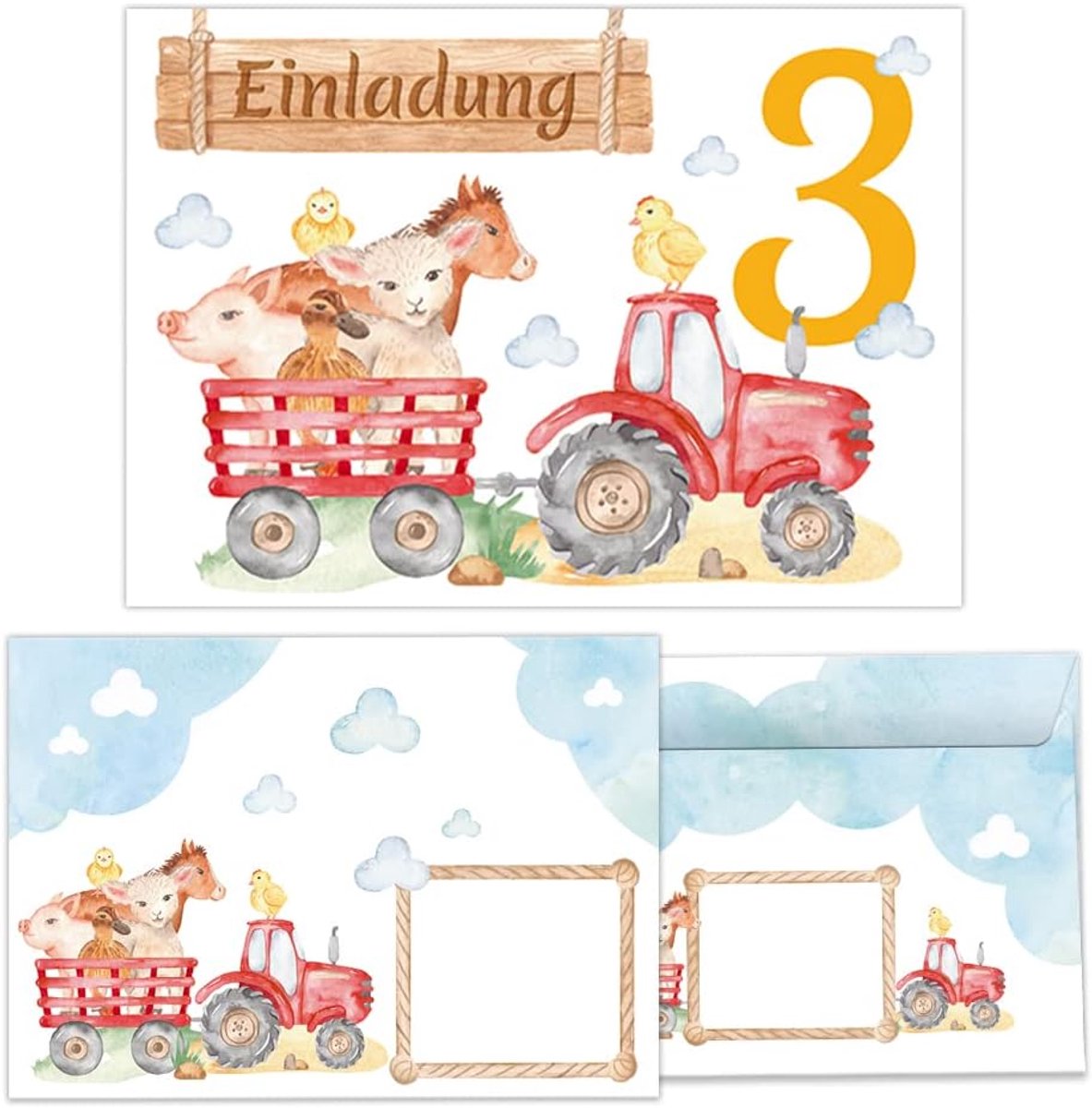 SnelShoppen - 12 Uitnodigingskaarten voor 3e Kinderverjaardag incl. Enveloppen - Boerderij Thema - A6 Formaat - Ruimte om in te vullen - Feestelijke U