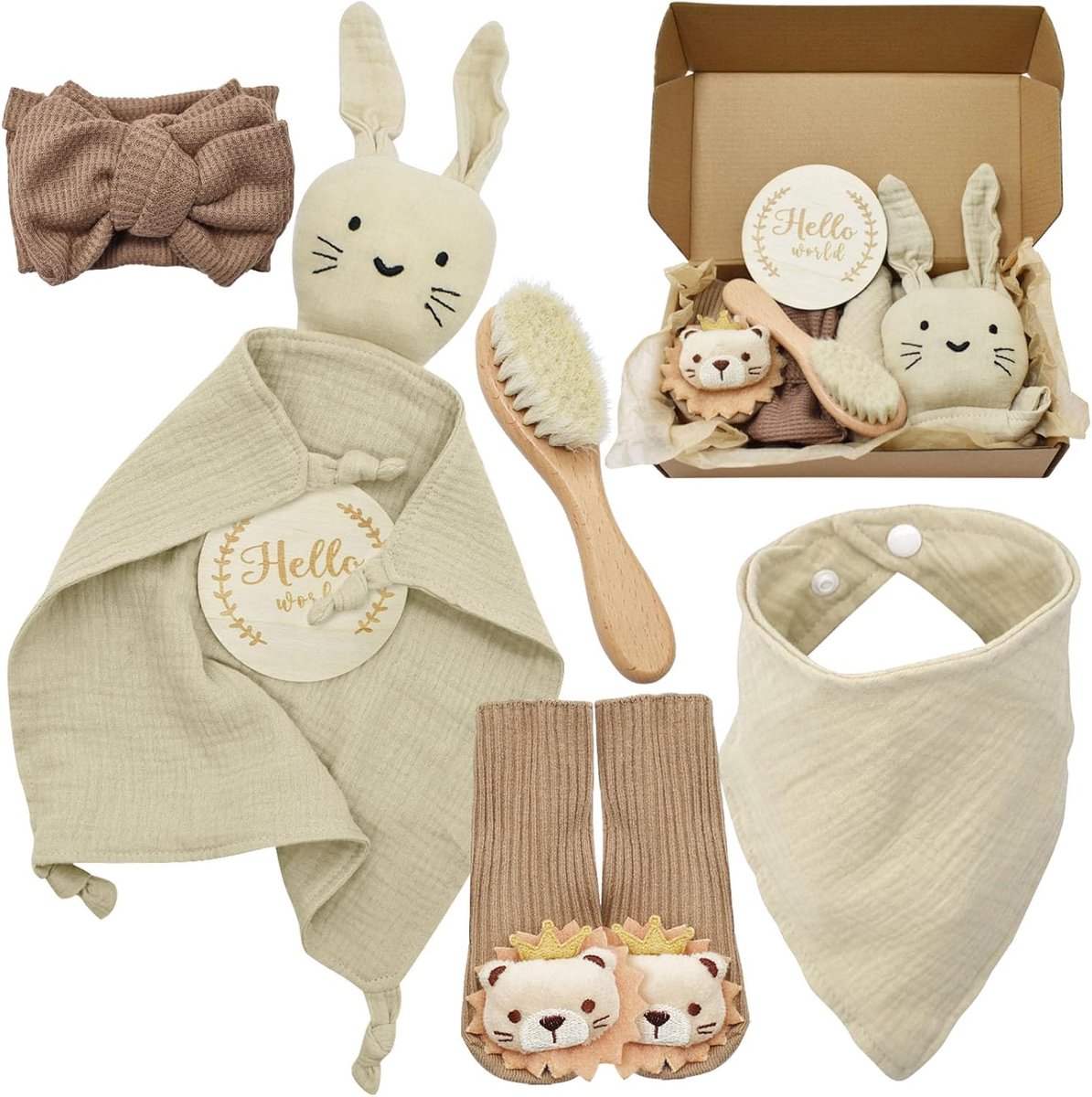 Thijox - Knuffeldoekje voor baby's, gepersonaliseerd cadeau voor pasgeborenen, schattig konijnendeken, slabbetje, haarkam, mijlpaalkaarten, babyhoofdb