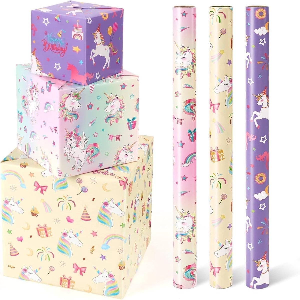 SnelShoppen - Eenhoorn Cadeaupapier - 3 Rollen Verpakking met Roze Regenboog Motieven - 43 cm x 3 m - Perfect voor Verjaardagsfeestjes voor Meisjes en