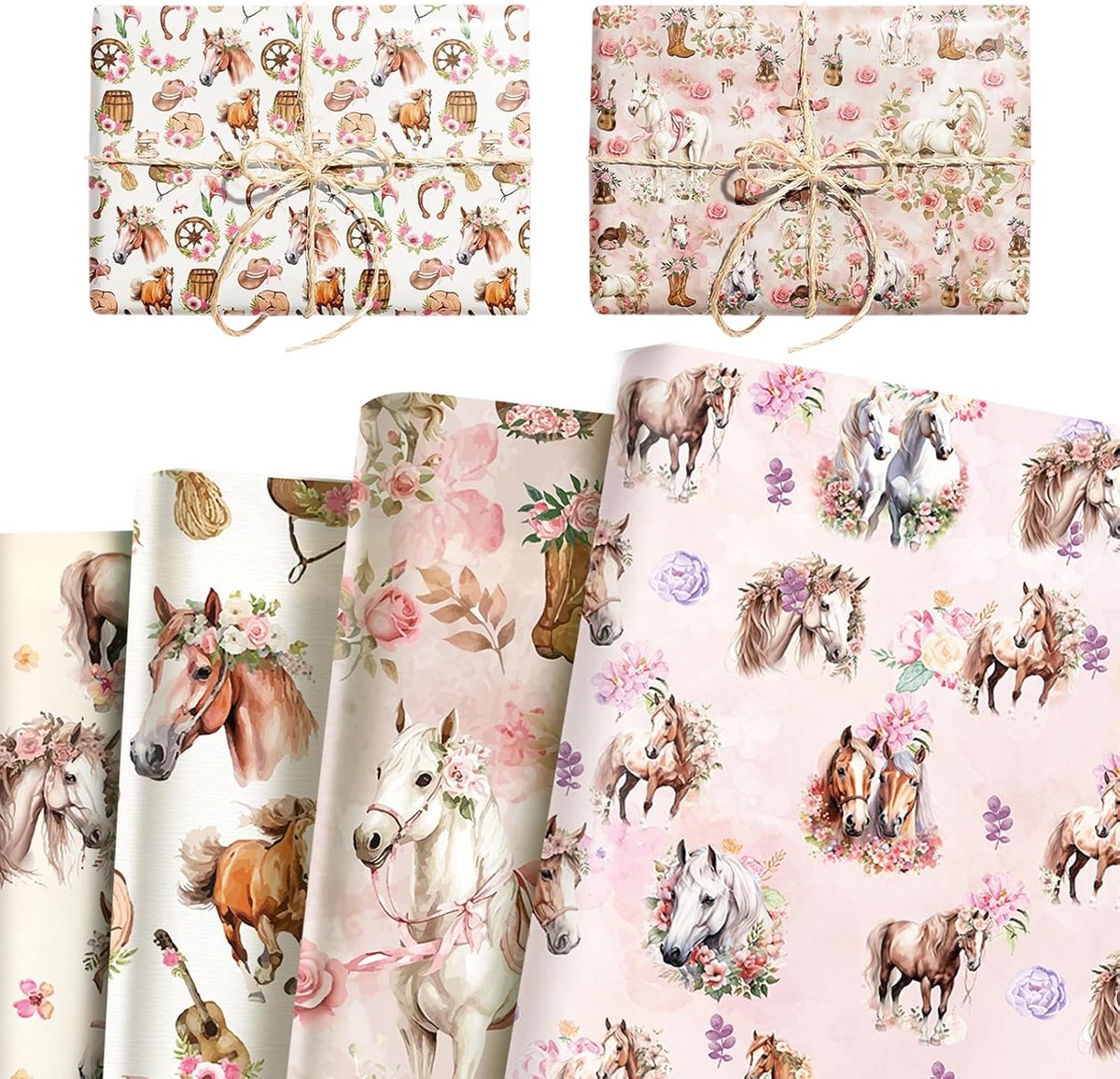 SnelShoppen - Paardencadeaupapier 12 Vellen, Verpakking 68x50 cm, 4 Soorten Paardenracemotief, Kleuren Roze, Beige, Geel, Donkerroze, Perfect voor Ver