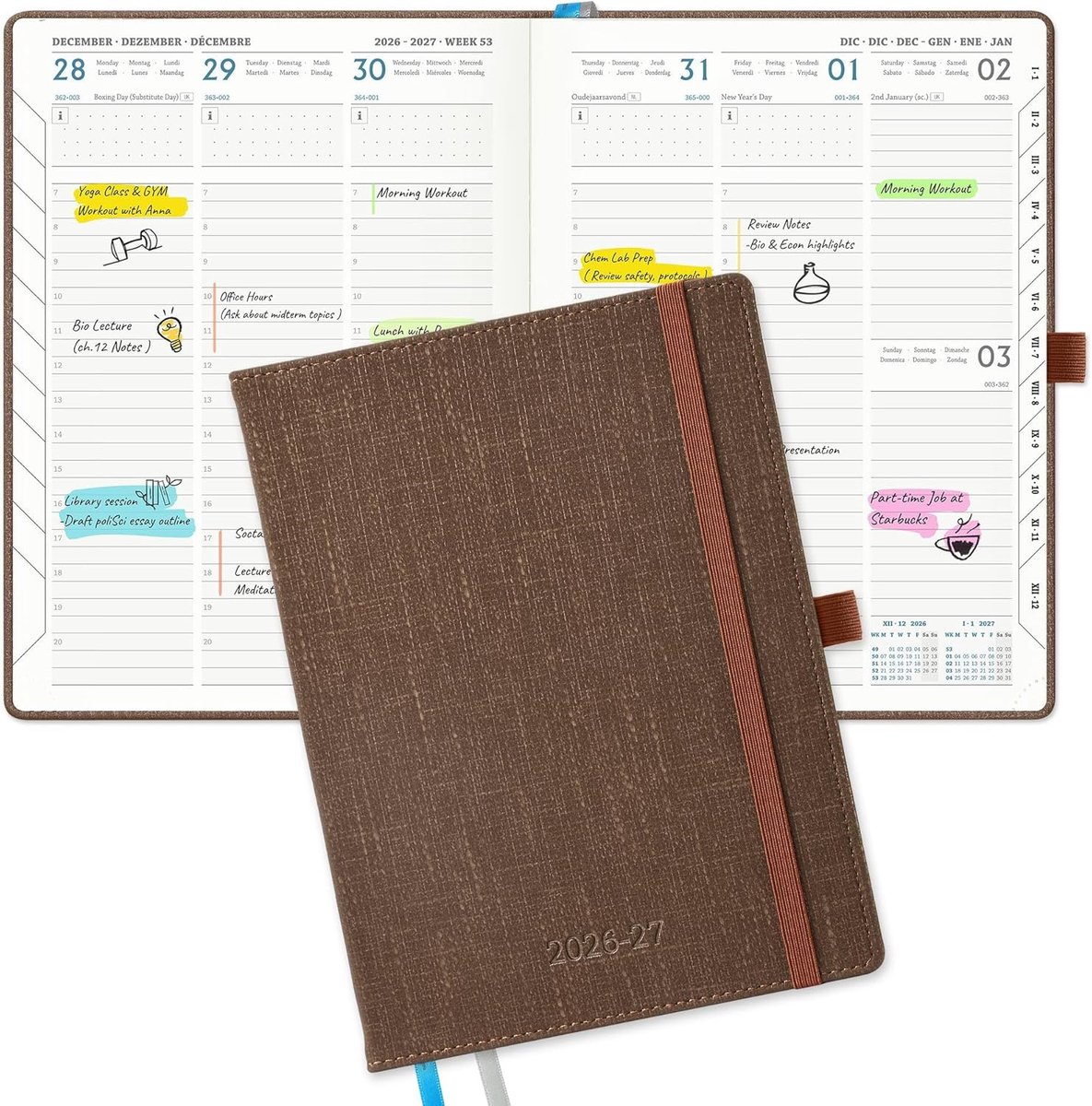 SnelShoppen - Agenda 2026 2027 A5 Weekagenda Schoolagenda 18 Maanden Verticale Planner Koffiebruin PU-Leren Kaft 80 Grams Papier