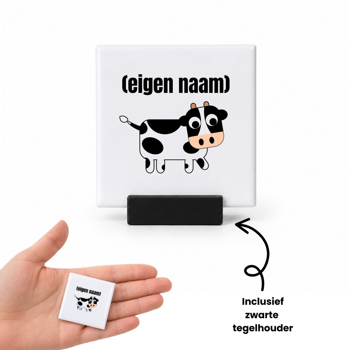 Hacebo kleine koe met eigen naam tegeltje met tegelhouder - Koe - boeren/koeien liefhebbers - tegeltjes met tekst - iemand die houdt van koeien - verjaardag - cadeau - kado - spreuktegels - 4.8x4.8 CM Wit