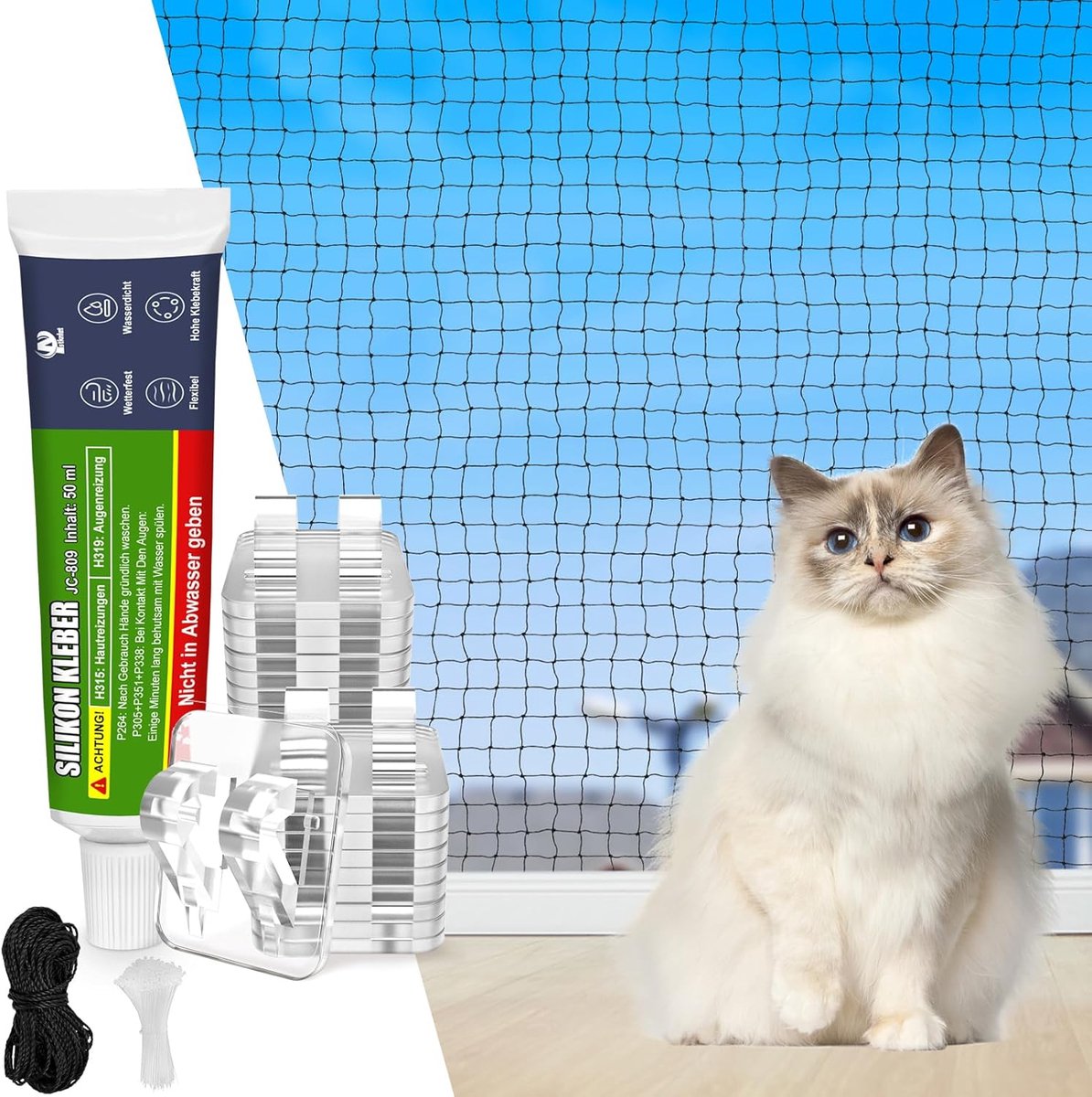 SnelShoppen - Cat Net voor Balkon en Raam, Geen Boren, Inclusief Lijmhaken en Siliconen Lijm, 8 x 2 m, Versterkt met Draad, UV Bestendig, Kat Veilighe
