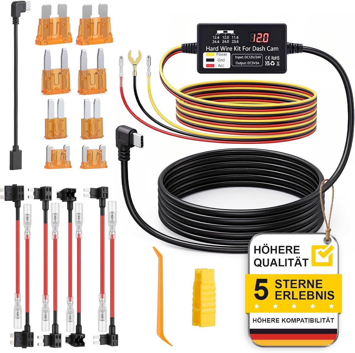 SnelShoppen - Dashcam Hardwire Kit USB-C, 12V/24V naar 5V, 24-uurs Parkeermodus, Laag Voltage Bescherming, Eenvoudige Installatie voor Dashcams