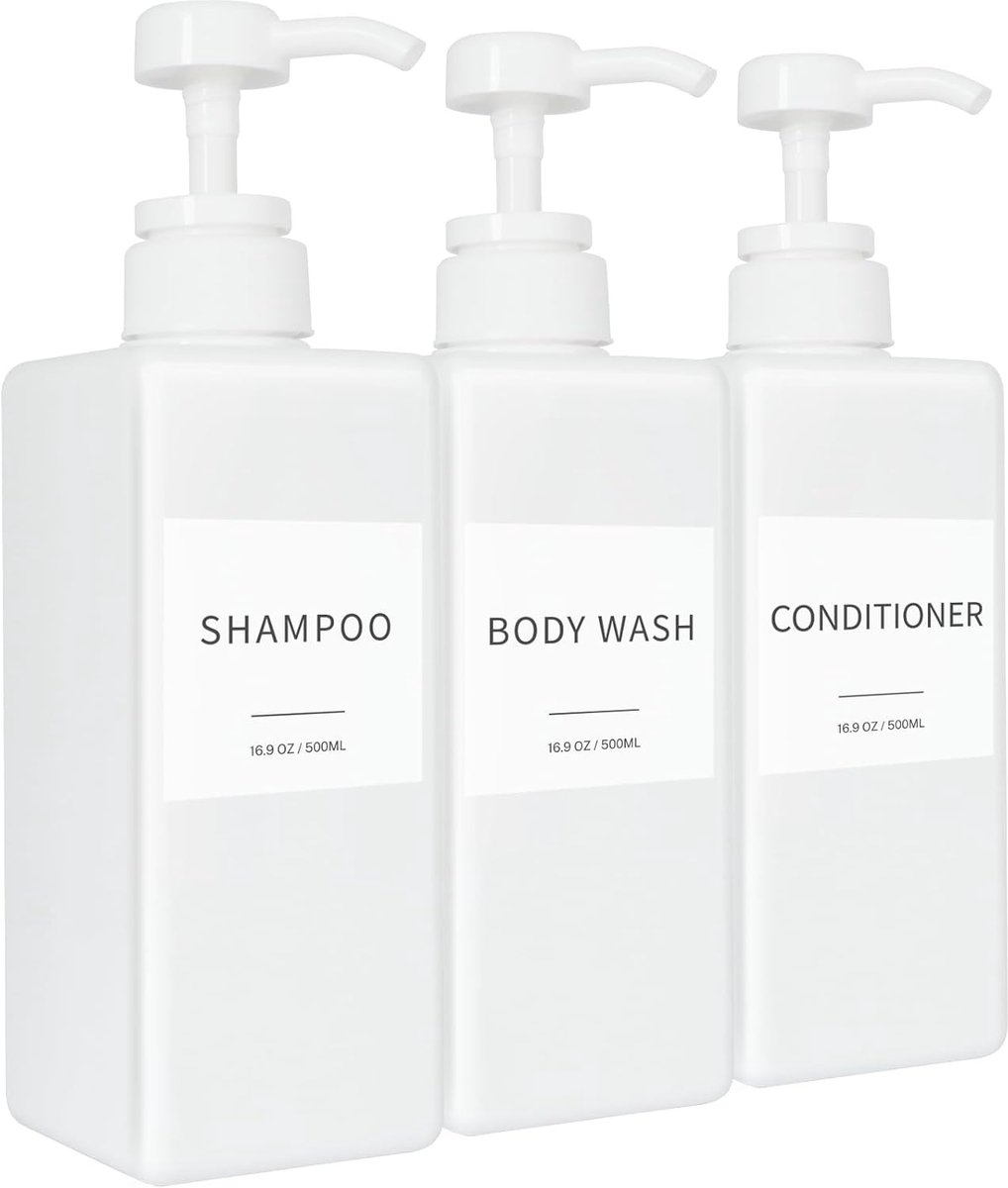 SnelShoppen - Shampoo & Conditioner Dispenser Set - Herbruikbare Pompflessen 500ml met Waterdichte Labels - Minimalistische Wit Plastic Flessen voor B