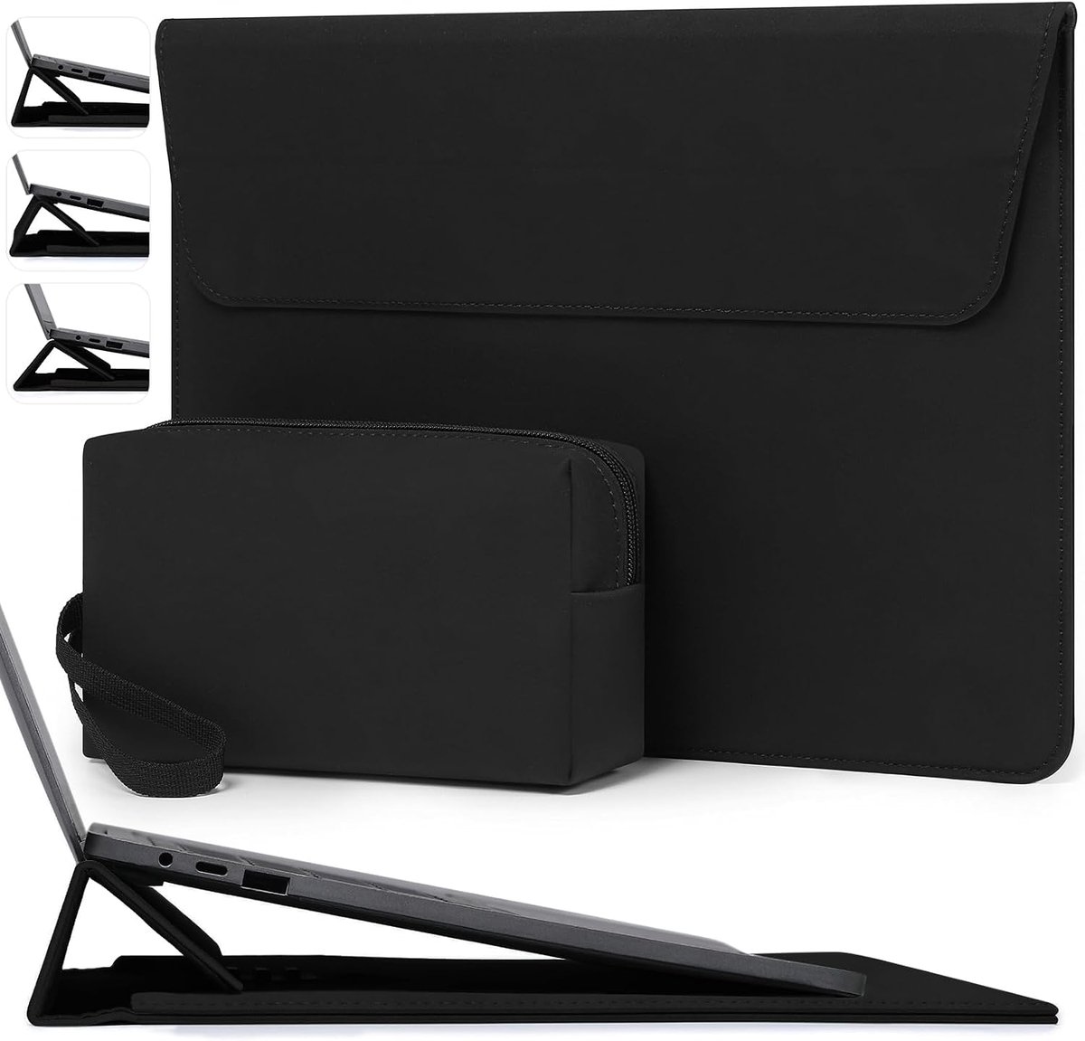 SnelShoppen - 13 Inch Laptop Sleeve met Verstelbare Stand voor MacBook Air Pro, Surfaces, XPS 13 - Zwart, Waterdicht, Schokbestendig, Ideaal voor Thui