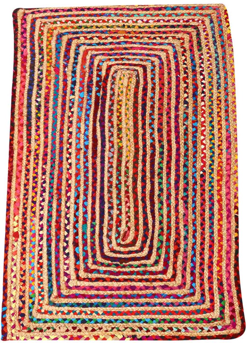 Rechthoekig jute vloerkleed – Handgemaakt boho tapijt van jute en katoen – Beige/bruin en kleurrijk – Esha