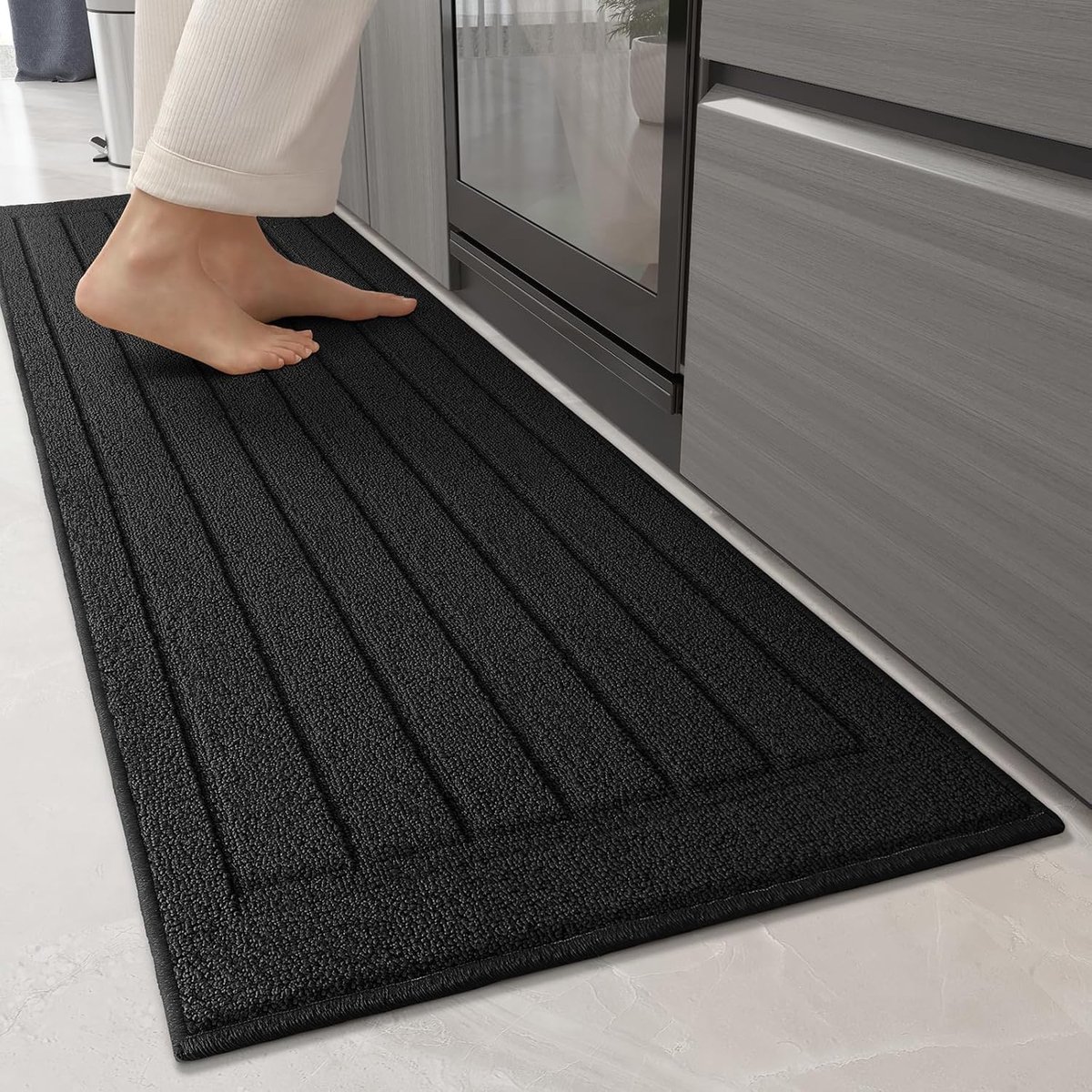 SnelShoppen - Color&Geometry Keukenloper 44x150 cm, machinewasbaar, extra absorberend, antislip TPR-onderkant, zacht oppervlak, zwart, voor keuken, wo