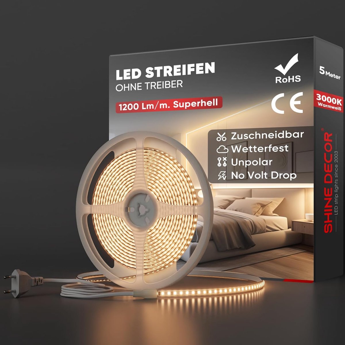 SnelShoppen - LED Strip 5m Warm Wit SMD 2835 met 120 LEDs/m - IP65 Waterdicht - Hoge Helderheid Decoratieverlichting voor Keuken, Tuin, Feest en Binne