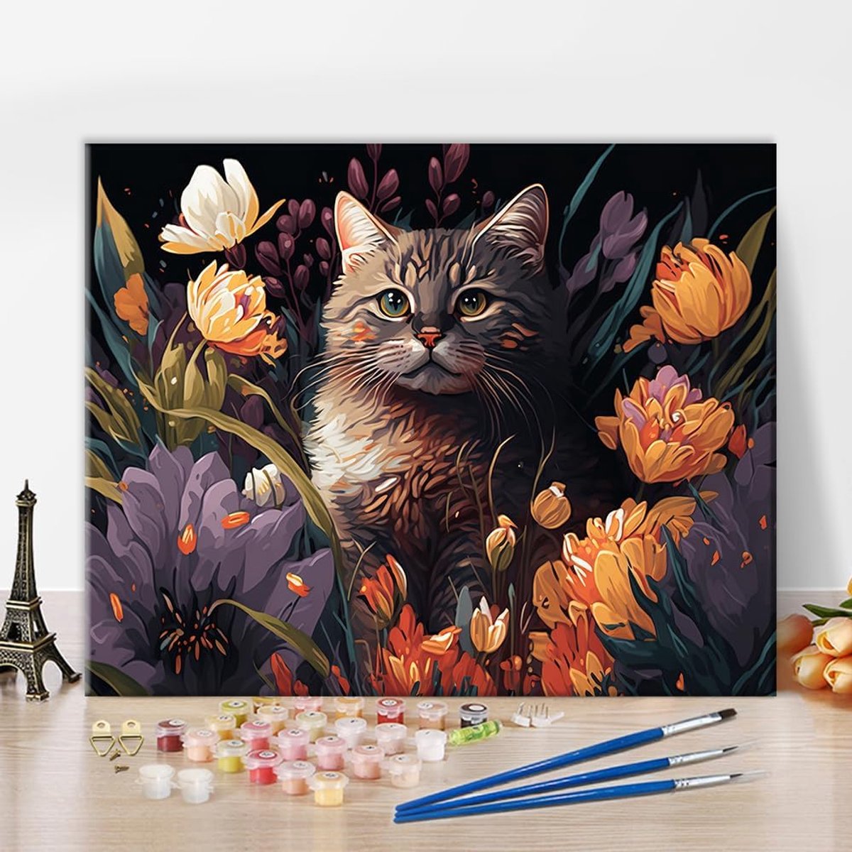 SnelShoppen - Schilderen op Nummer Kit voor Volwassenen - Kat en Bloemen, 16x20 Inch, Acrylverf, DIY Abstract Schilderij, Handgeschilderd en Creatief