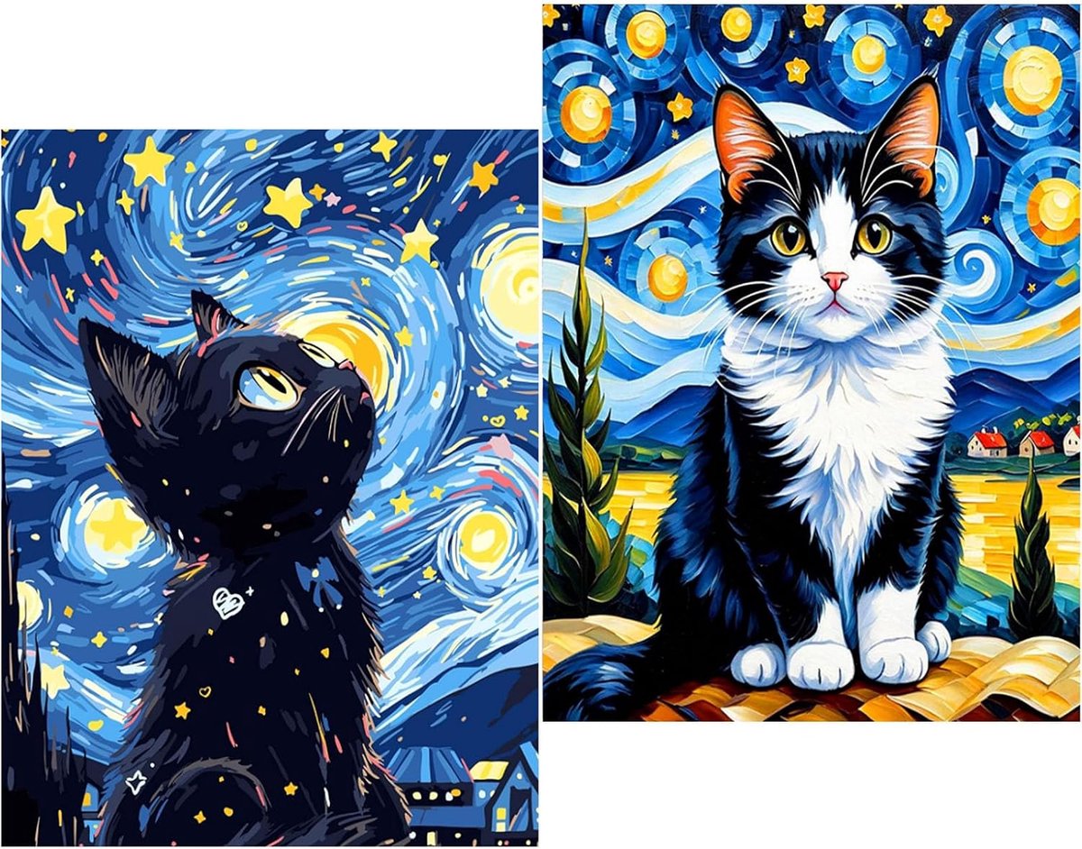 SnelShoppen - Schilderen op Nummer voor Kinderen 5-10 Jaar - Katten Schilderij voor Beginners - 2x Voorafgedrukte Canvas, Aquarelverf, 6 Penselen en A