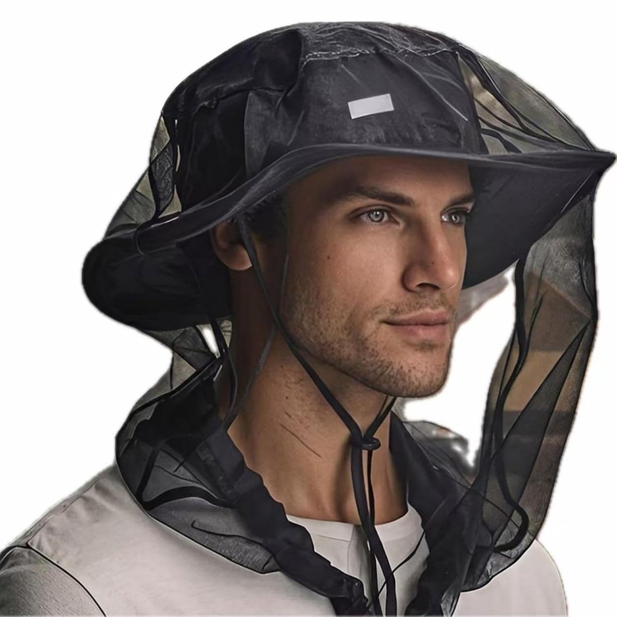 Ulisem - Muggengaas voor hoed - Zwart fijnmazig insectengaas voor brede hoeden - Beschermt tegen knutten, zandvliegen en muggen - Zachte nylon met verstelbaar koord - Comfortabel en ademend - Lichtgewicht 22g - Voor wandelen en kamperen - Zonder hoed