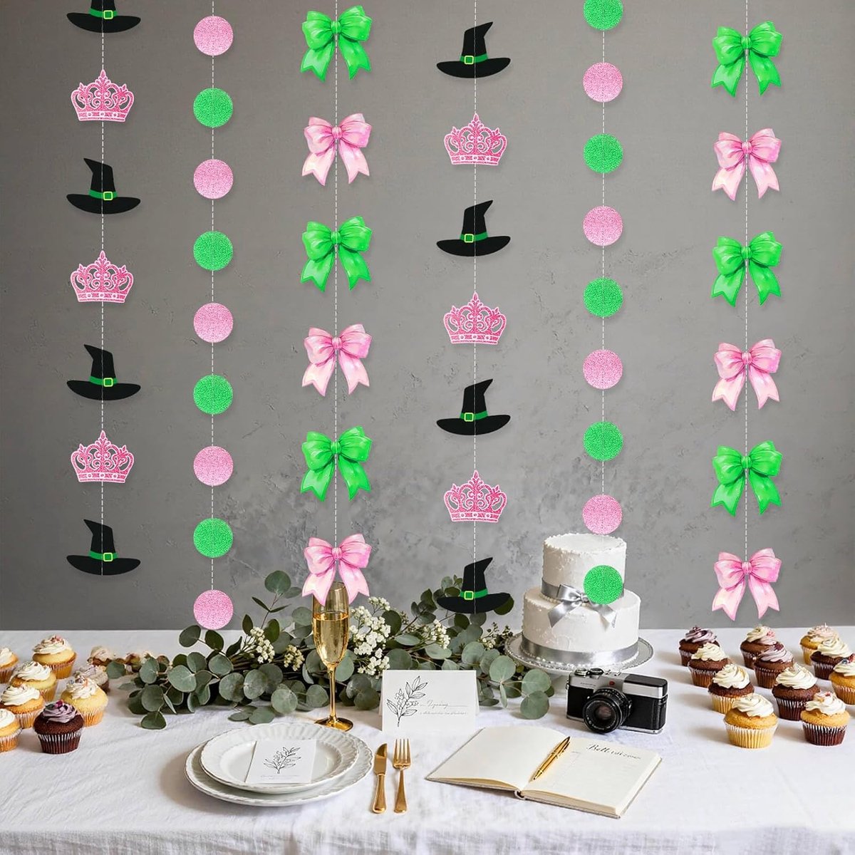 SnelShoppen - 3 Delige Heks Hoed en Kroon Feestdecoraties, Roze en Groene Prinses Strik Banner, Glitter Roze Groene Polka Dot Garland, Magisch Thema G