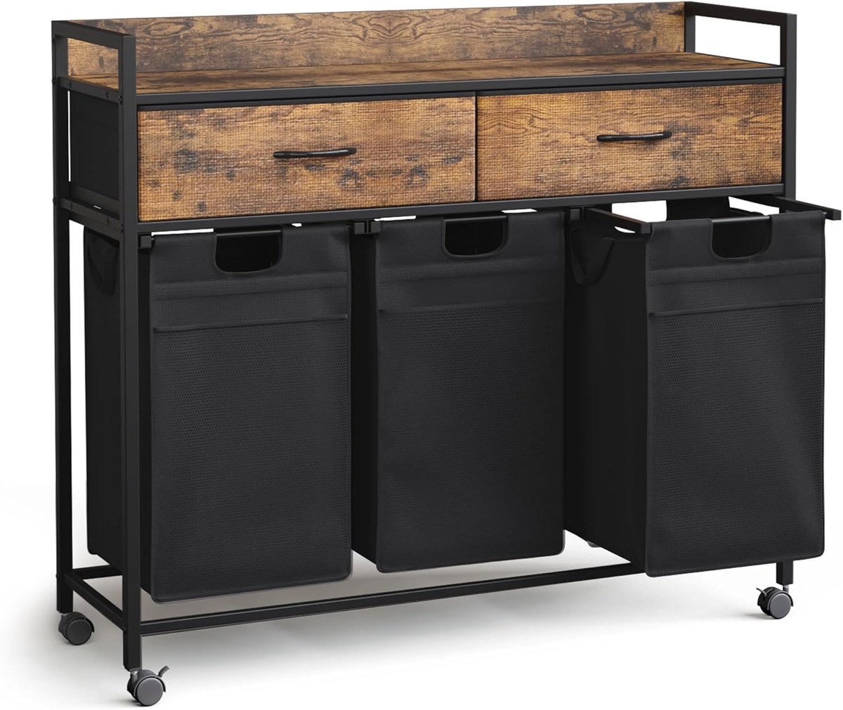 SnelShoppen - Wasmand met 3 Compartimenten, Was Sorter met 2 Lades, Wasmand met Deksel, Uittrekbare Waszakken, 3 x 50L, 106 x 33 x 91.5 cm, Rustic Bru