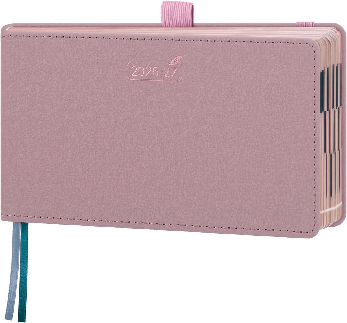 SnelShoppen - Pocketkalender 2026 2027 Klein Liggend 16.5x9 cm, Verticale Boekkalender met Rose Gold Papierrand, Roze Weekplanner voor Efficiënte Plan