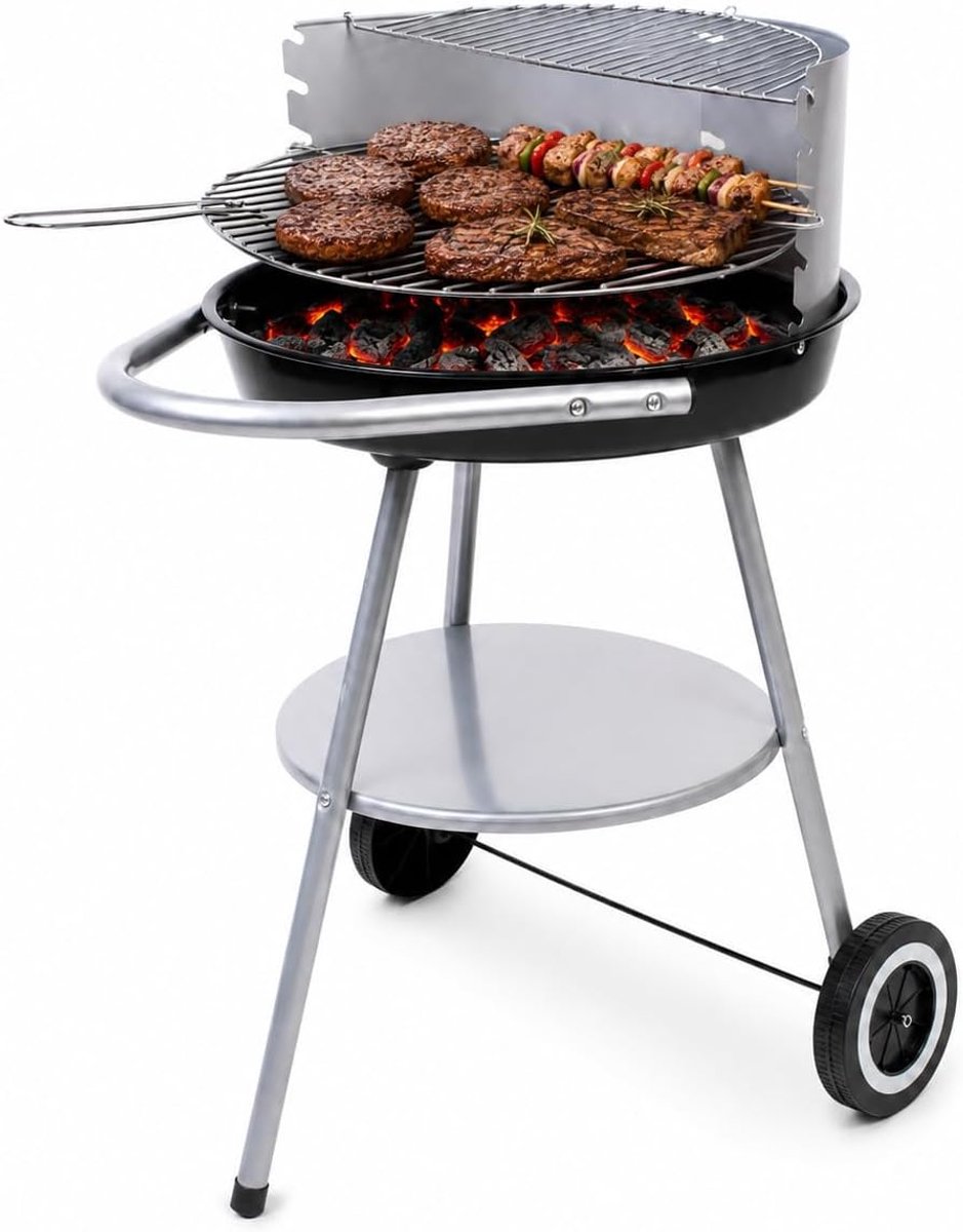 SnelShoppen - Ronde Houtskoolbarbecue Ø 47 cm met Windbescherming, Verstelbaar Grillrooster, Onderste Plank en Wielen voor Tuin en Terras, Ideaal voor