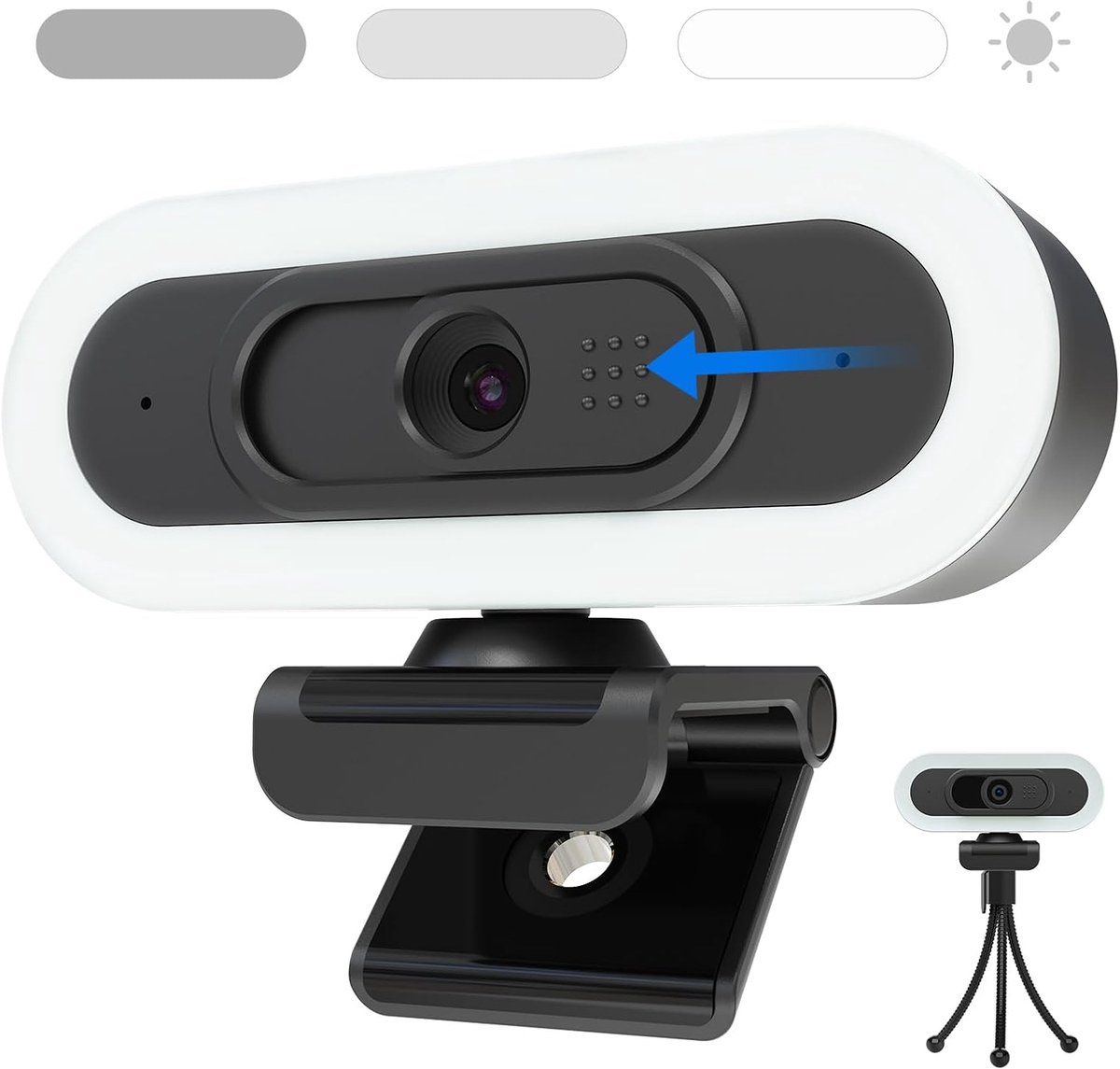 SnelShoppen - HD 2K Webcam met Ringverlichting, Autofocus, Stereo-Microfoons, Lichtcorrectie, USB PC Webcam voor Live Streaming en Videogesprekken