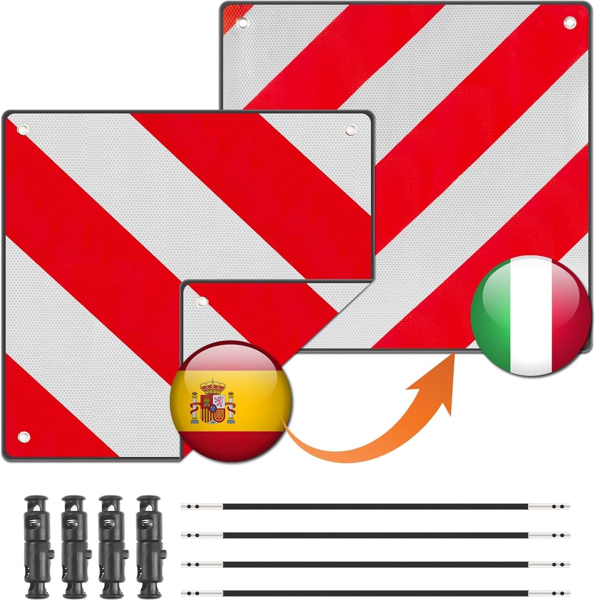 SnelShoppen - Waarschuwingsbord Fietsendrager 2-in-1 Italië Spanje met 4 Spankoorden - Aluminium Reflecterend - Veiligheid voor Fietsendrager en Achte