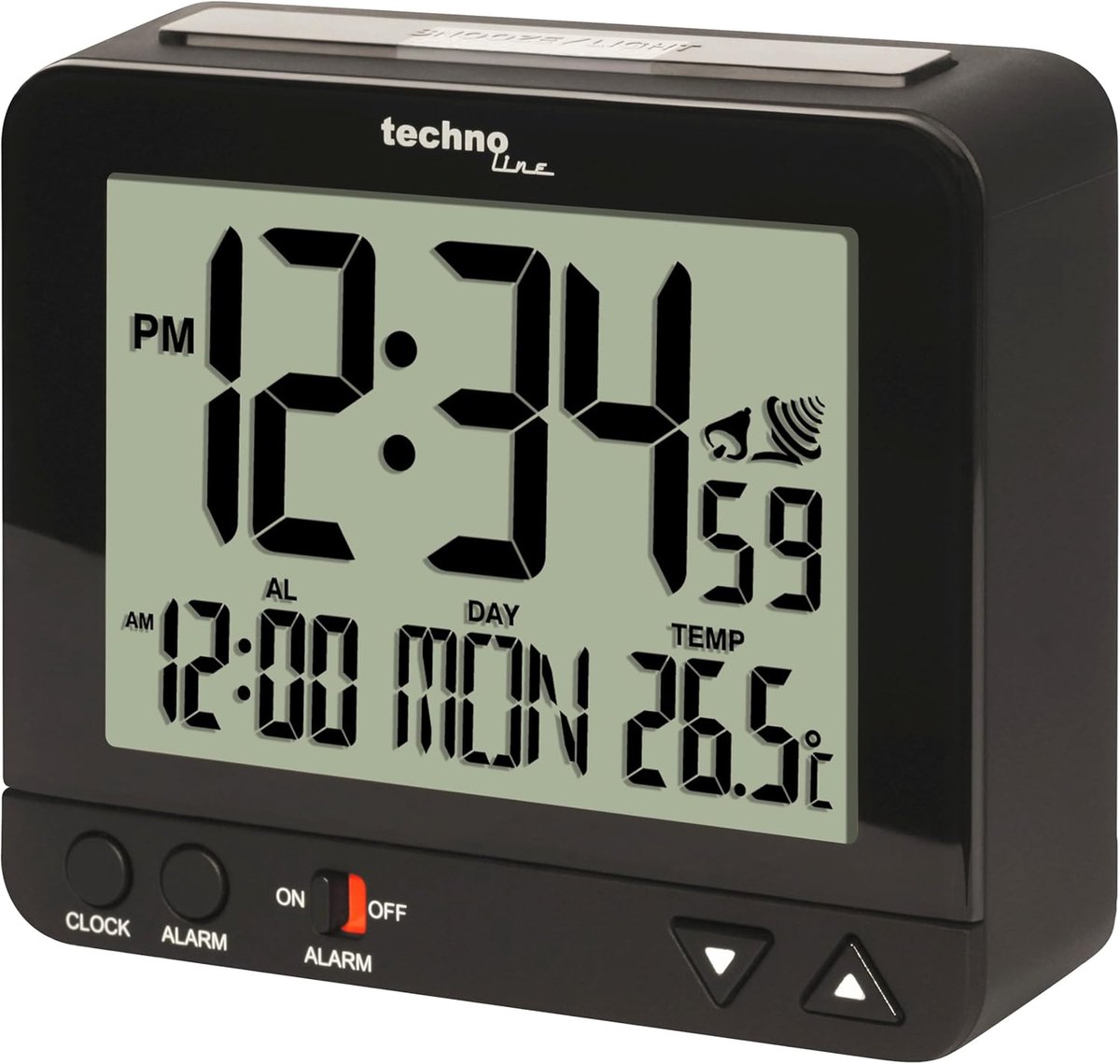 SnelShoppen - Funkwecker WT 195 met Innentemperatuur, Nachtlicht, Zwart, Platter Design, Eenvoudige Bedienbaarheid, Sluimerfunctie, Goed Afleesbaar Di